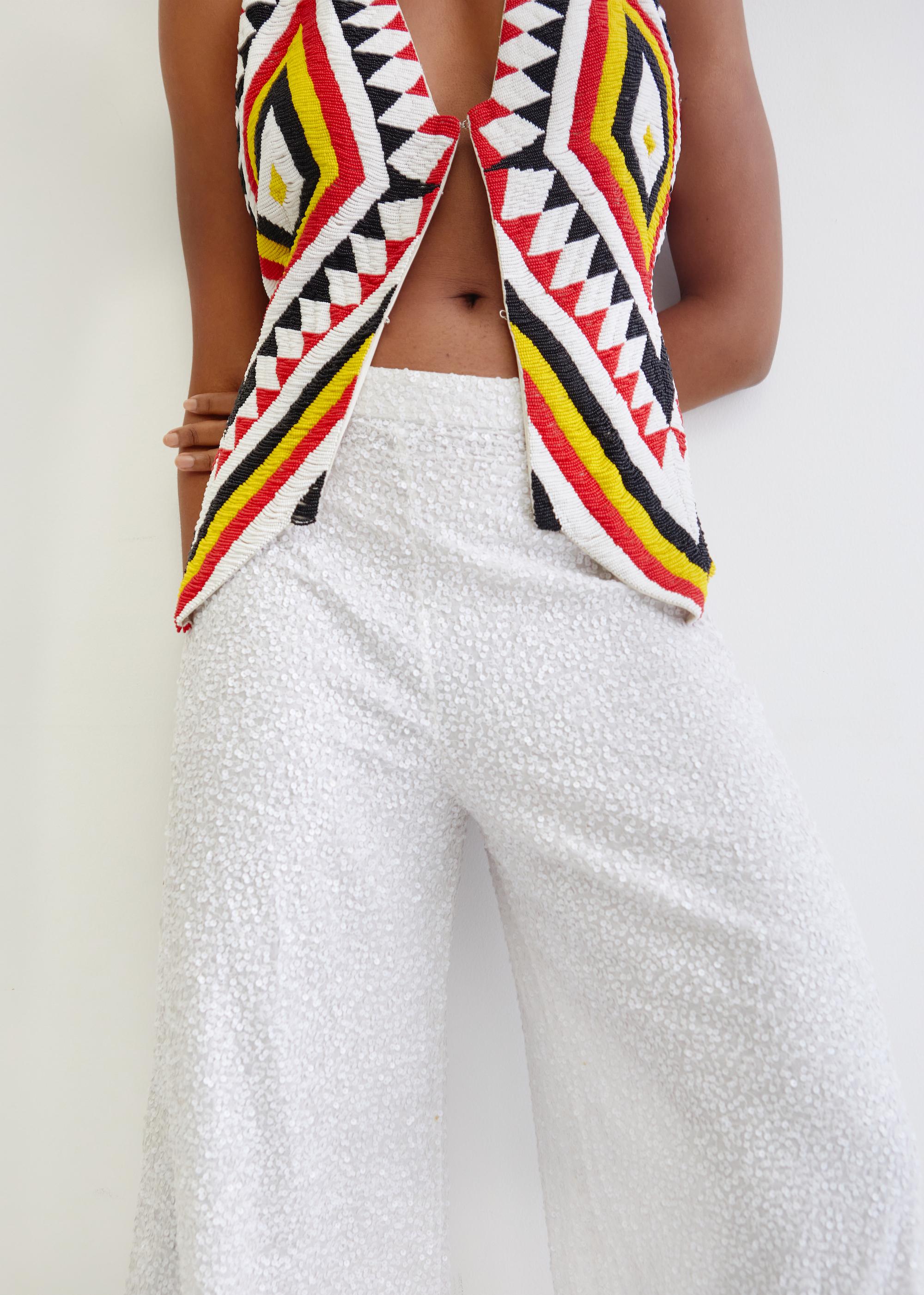 Norma Kamali 70's Navajo beaded silk & leather vest waistcoat 3