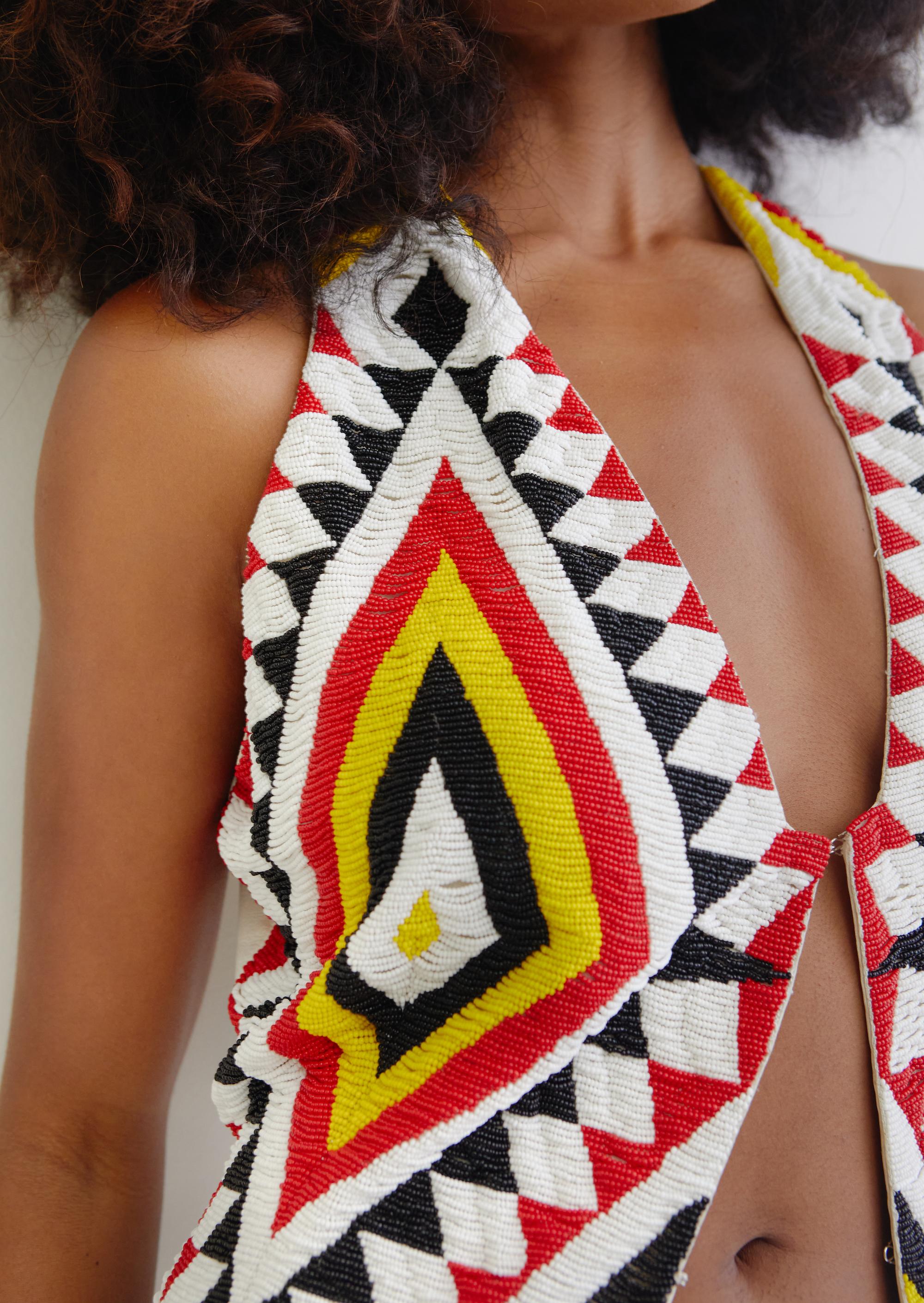 Norma Kamali 70's Navajo beaded silk & leather vest waistcoat 4