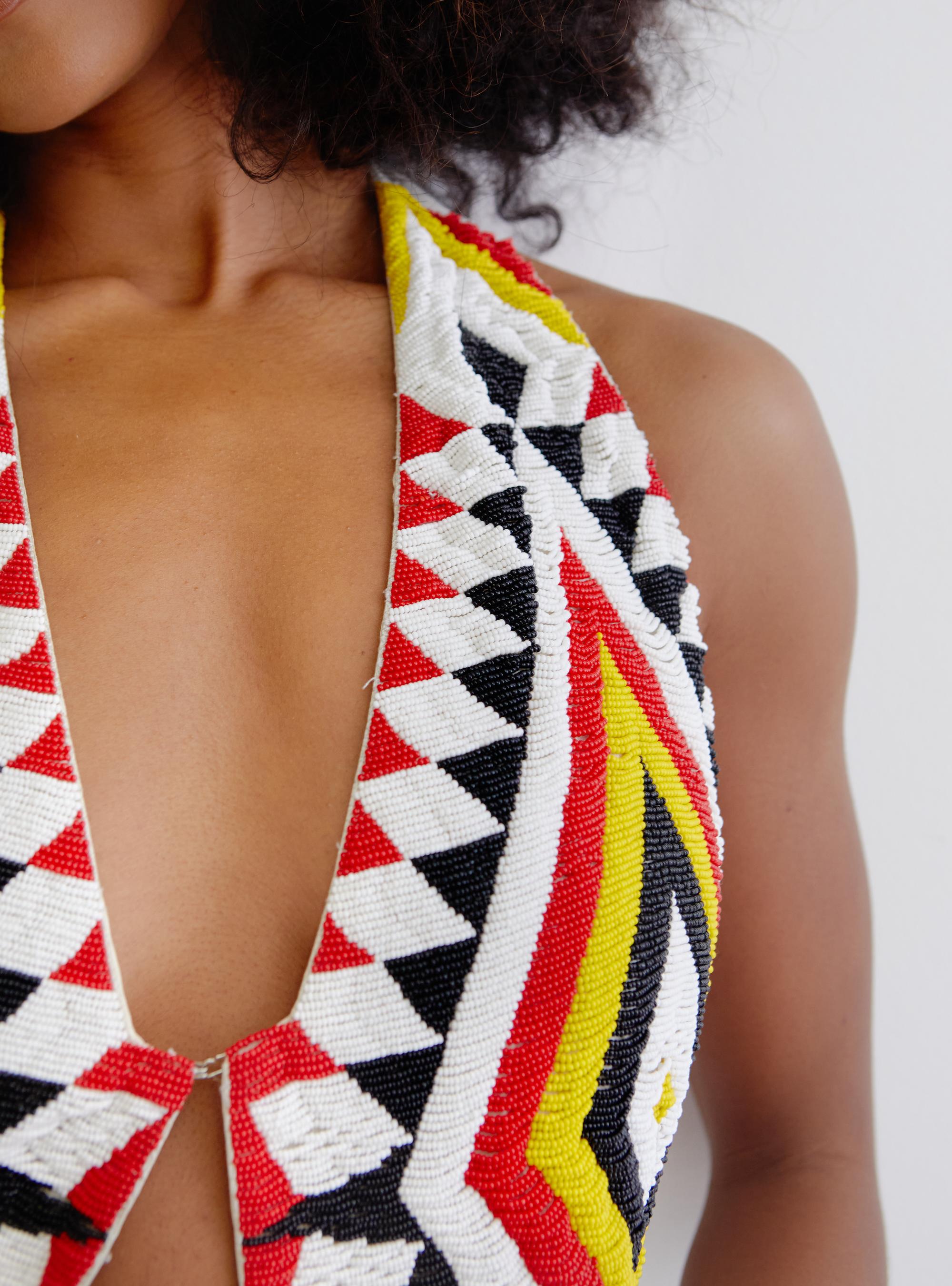 Norma Kamali 70's Navajo beaded silk & leather vest waistcoat 5