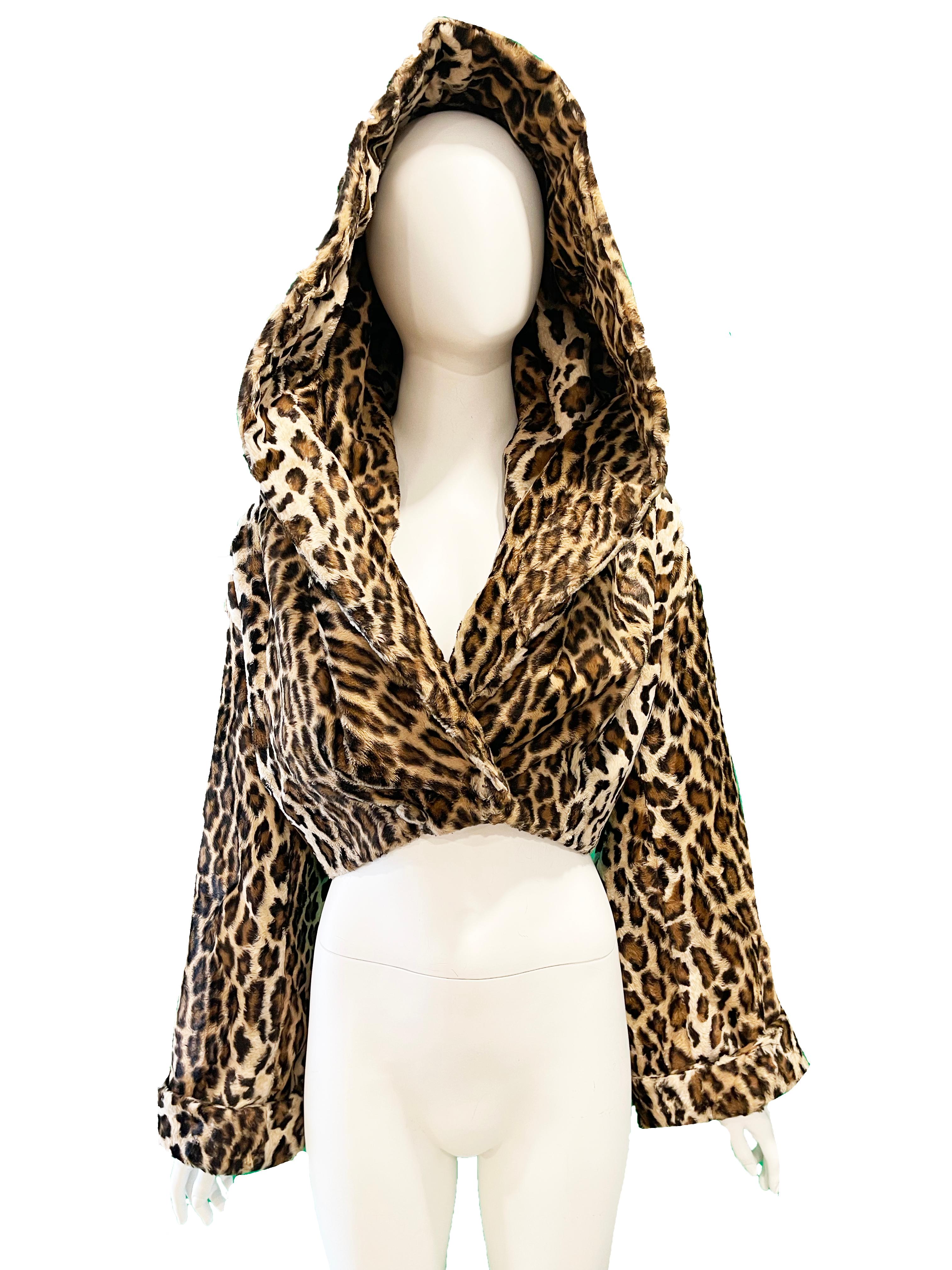 Norma Kamali Animal Print Hooded Faux Fur Jacket In Excellent Condition In Austin, TX