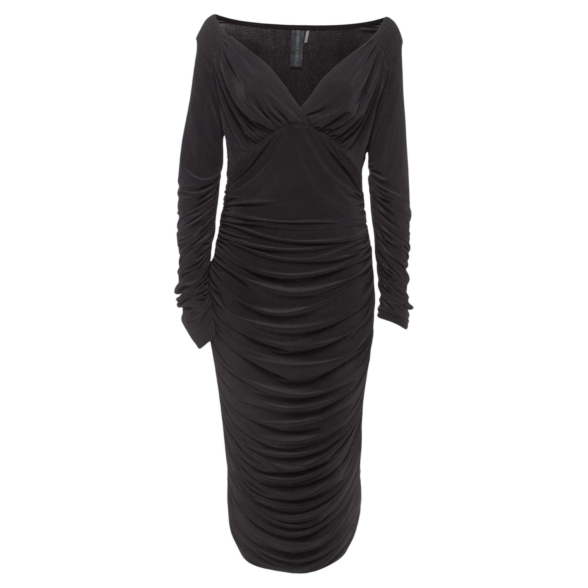 Norma Kamali Black Draped Jersey Long Sleeve Tara Midi Dress L For Sale