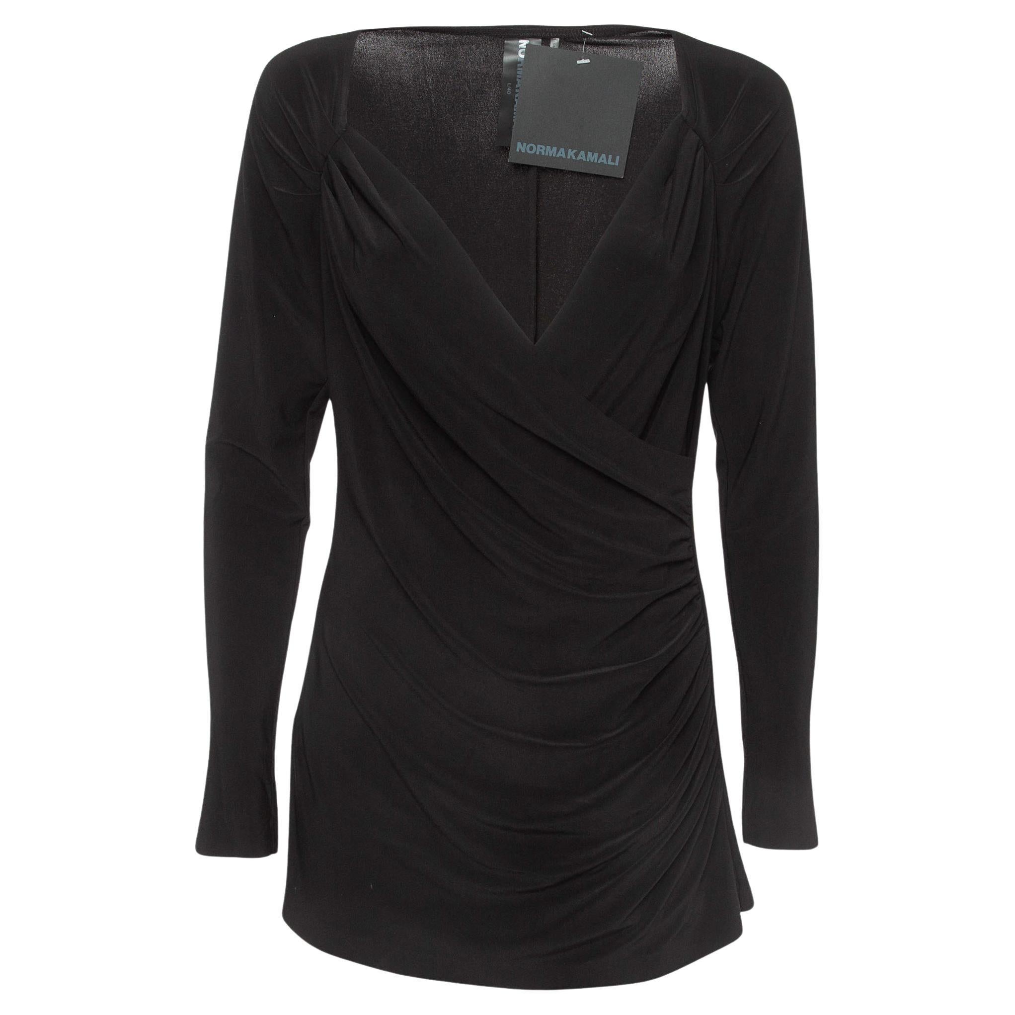 Norma Kamali Black Draped Jersey Long Sleeve Top L For Sale