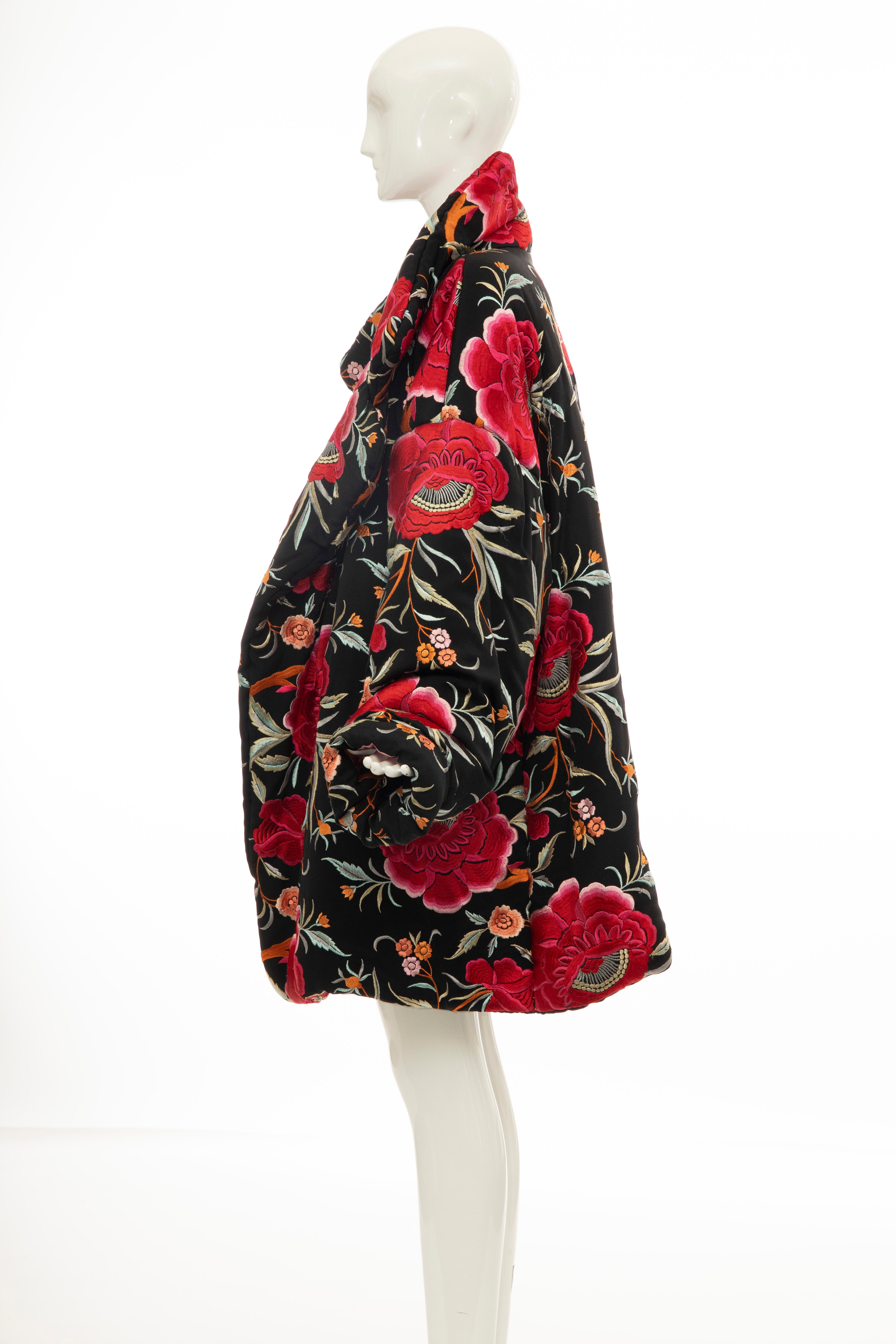 Norma Kamali Black Floral Embroidered Cocoon Coat, Circa: 1980's 7