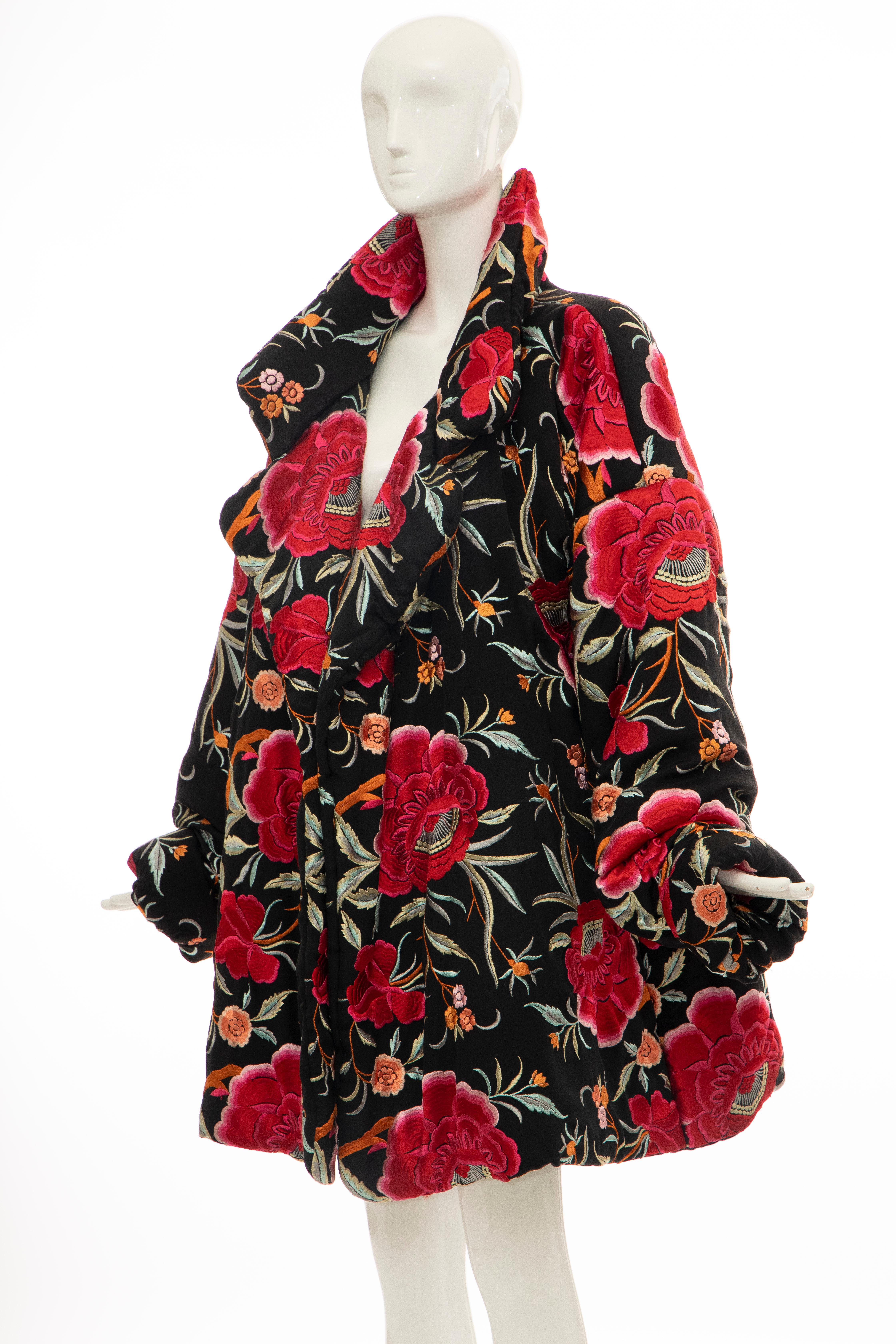Norma Kamali Black Floral Embroidered Cocoon Coat, Circa: 1980's 9