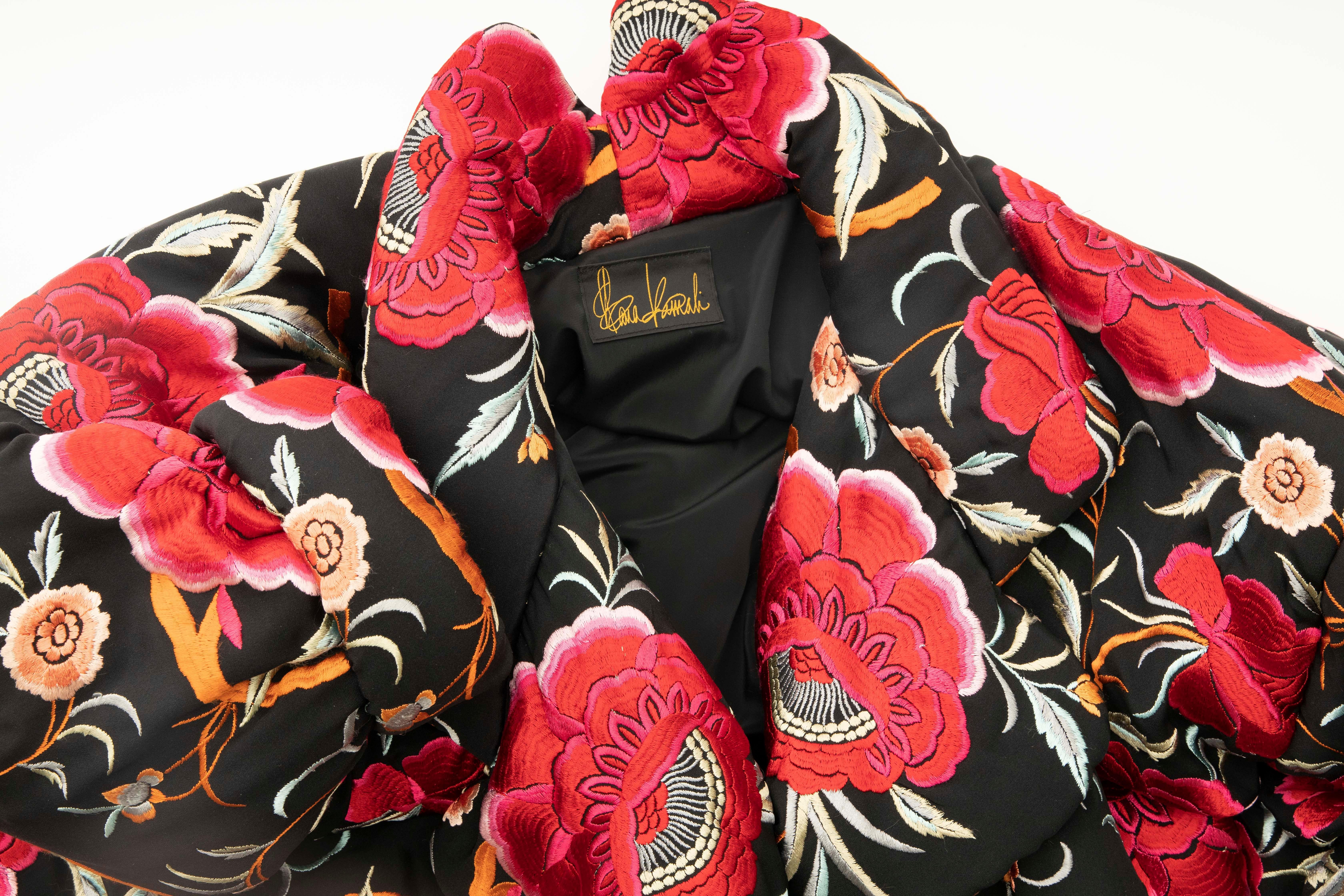 Norma Kamali Black Floral Embroidered Cocoon Coat, Circa: 1980's 10