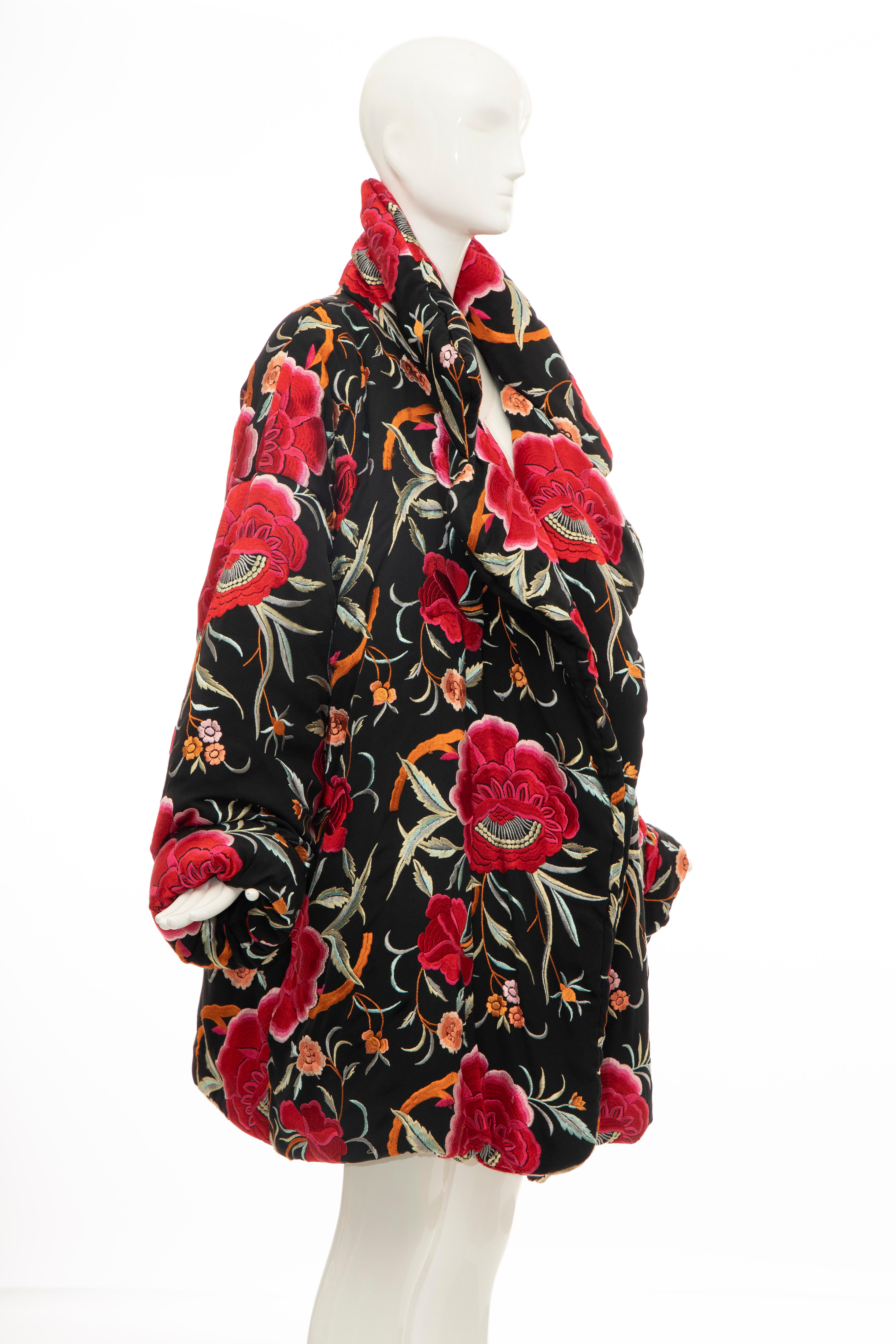 Women's Norma Kamali Black Floral Embroidered Cocoon Coat, Circa: 1980's