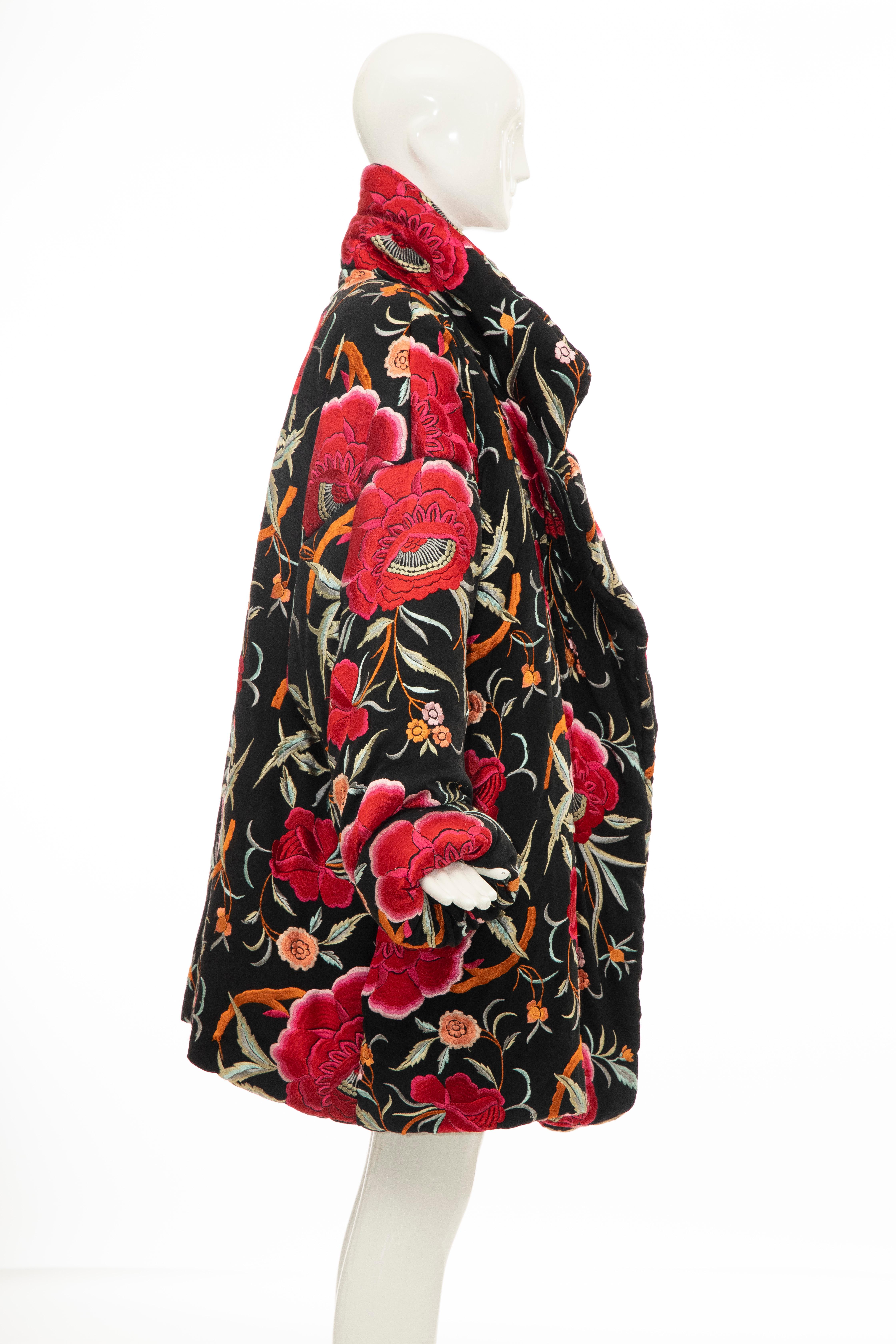 Norma Kamali Black Floral Embroidered Cocoon Coat, Circa: 1980's 1