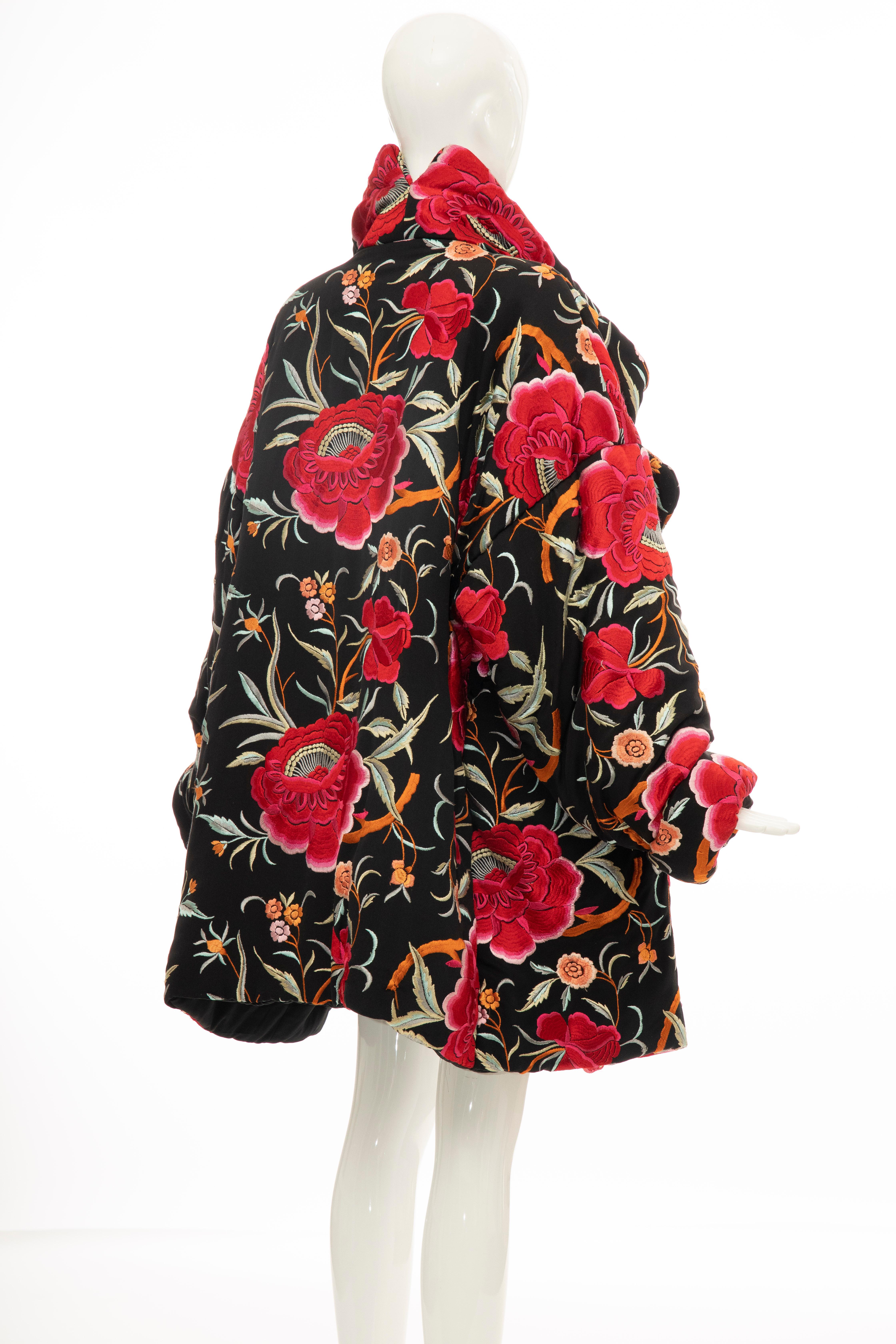 Norma Kamali Black Floral Embroidered Cocoon Coat, Circa: 1980's 2