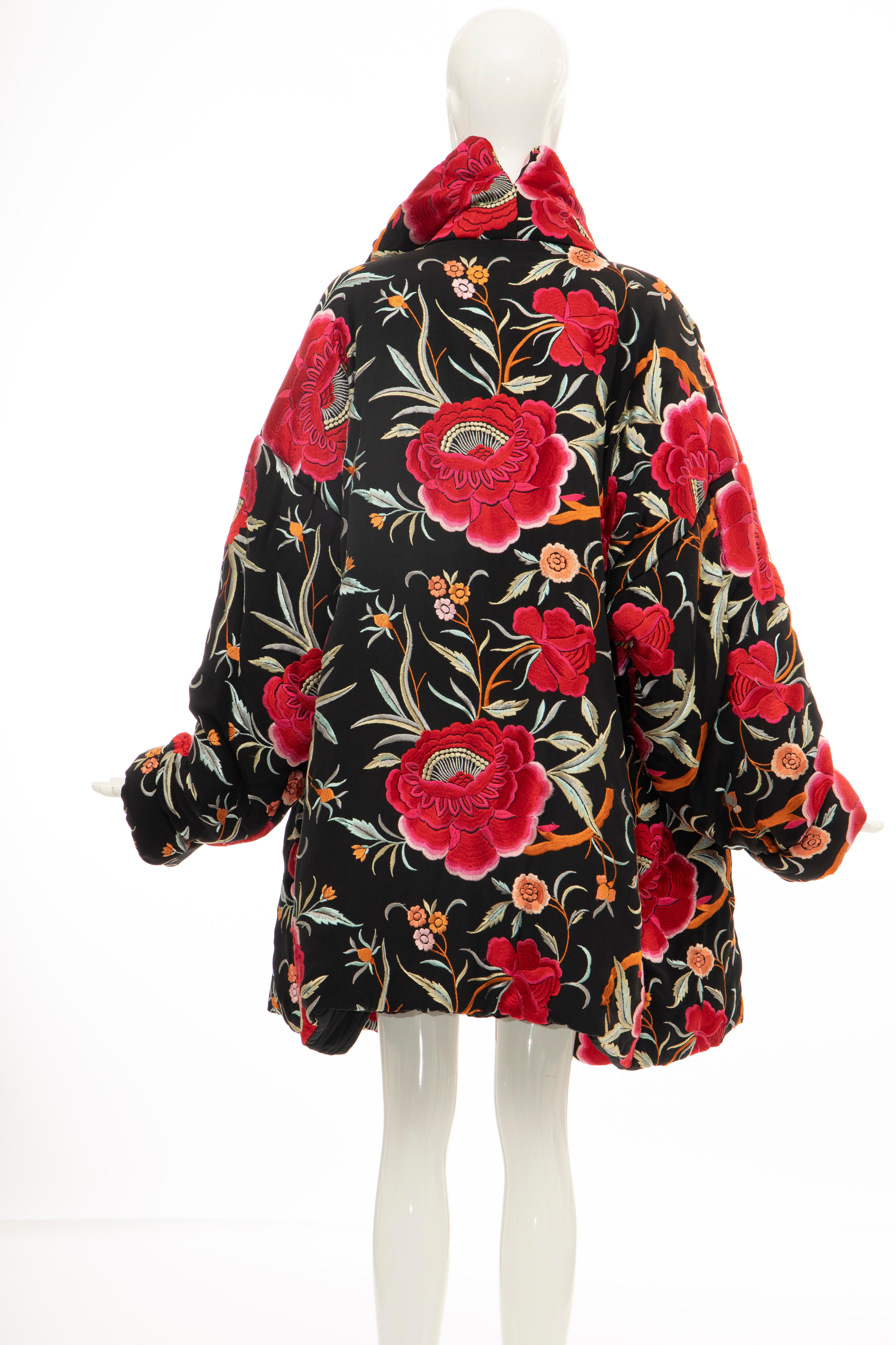 Norma Kamali Black Floral Embroidered Cocoon Coat, Circa: 1980's 3