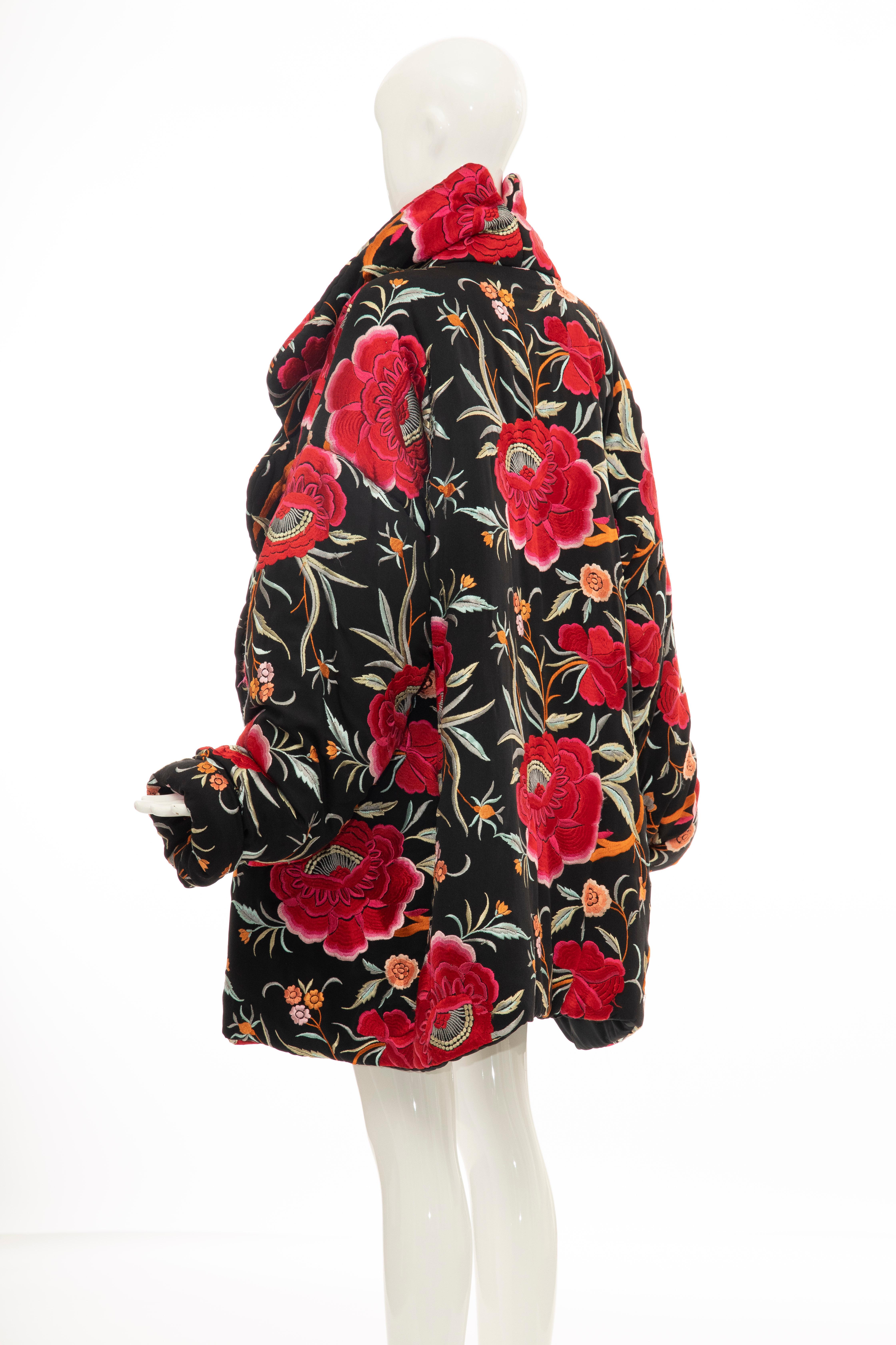 Norma Kamali Black Floral Embroidered Cocoon Coat, Circa: 1980's 4