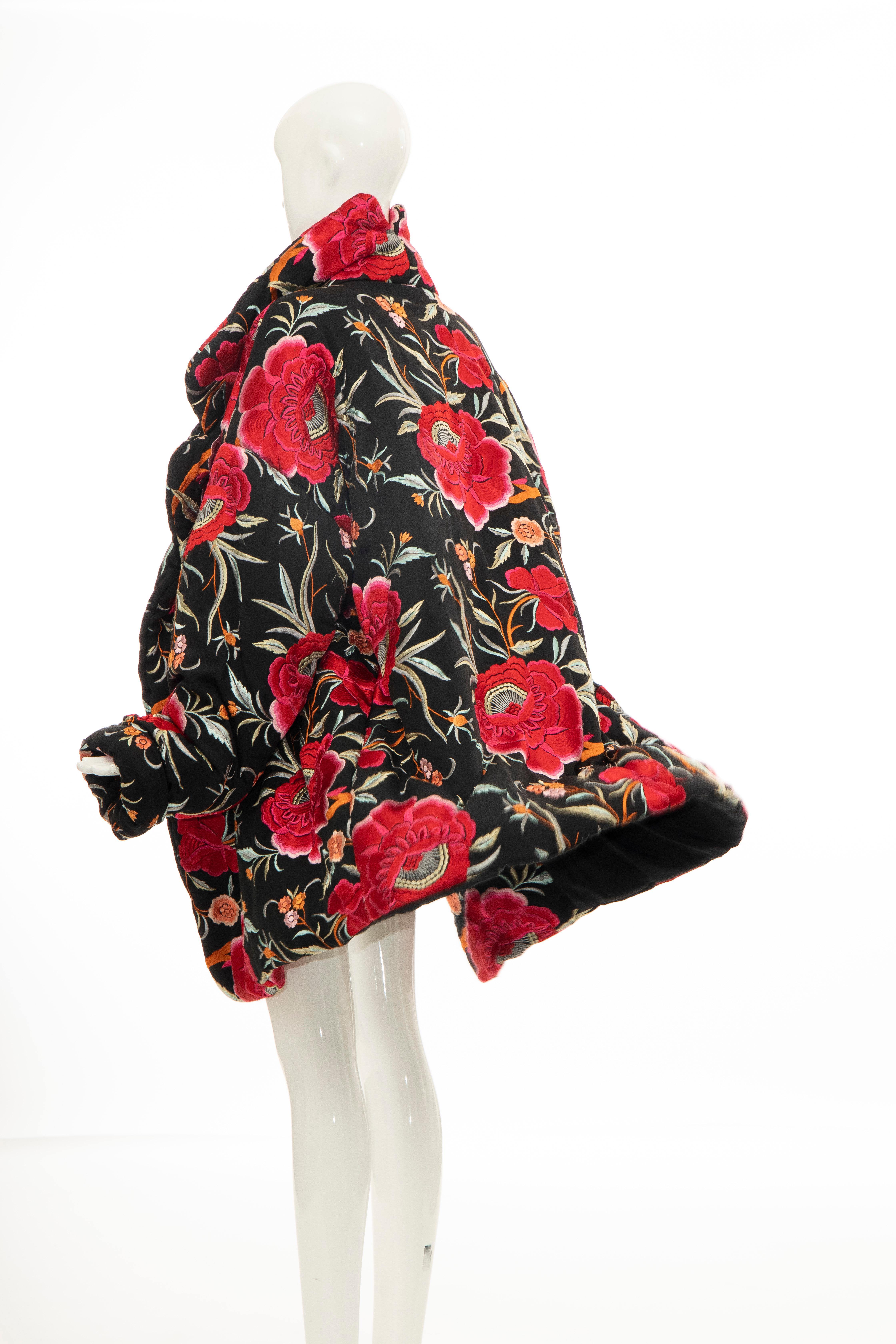 Norma Kamali Black Floral Embroidered Cocoon Coat, Circa: 1980's 5