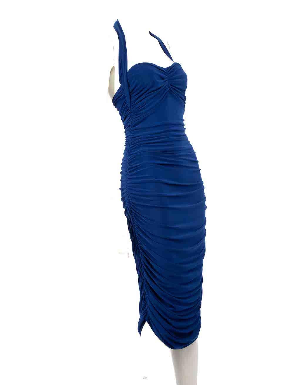 CONDITION is Very good. Hardly any visible wear to dress is evident on this used Norma Kamali designer resale item.
 
 
 
 Details
 
 
 Blue
 
 Polyester
 
 Dress
 
 Bodycon
 
 Halterneck
 
 Sleeveless
 
 Knee length
 
 Ruched sides
 
 
 
 
 
 Made