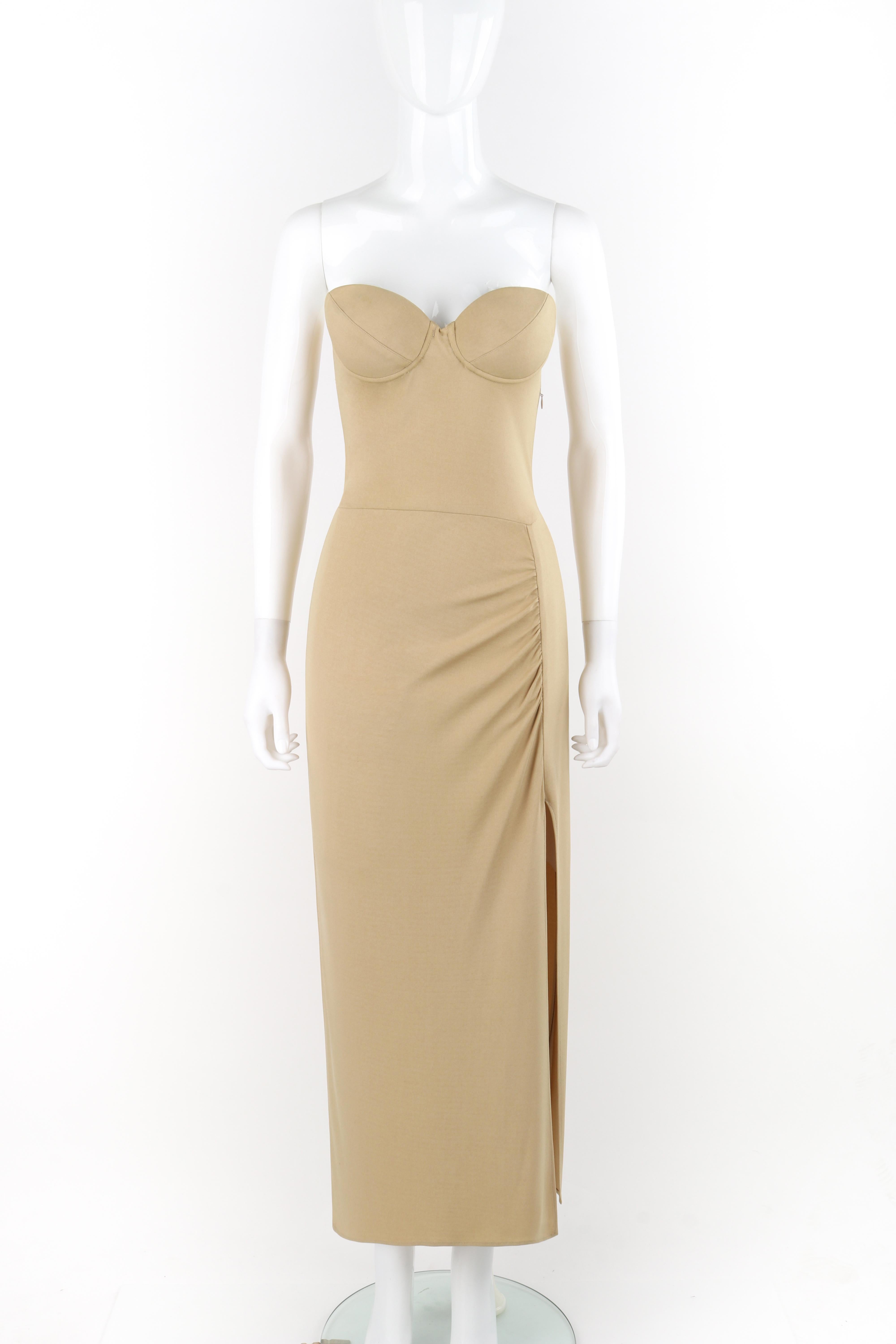 Brand / Manufacturer: Norma Kamali
Circa: 1980s
Designer: Norma Kamali
Style: Maxi Dress
Color(s): Shades of tan
Lined: No
Unmarked Fabric Content (feel of): Polyester jersey (primary fabric)
Additional Details / Inclusions: Norma Kamali circa 1980s