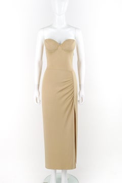 NORMA KAMALI c.1980's Tan Nude Strapless Bustier High Slit Maxi Evening Dress