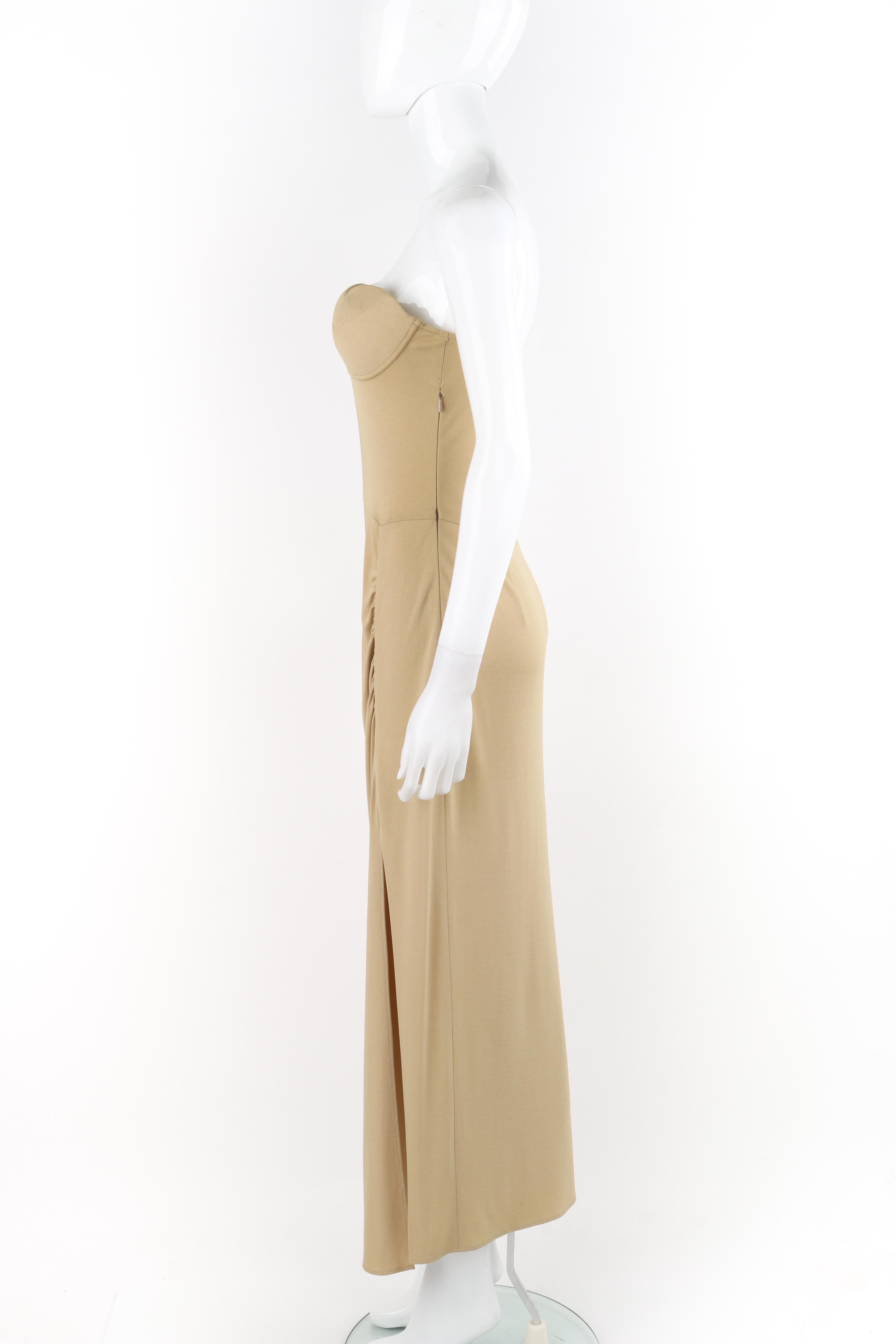 NORMA KAMALI c.1980's Tan Nude Strapless Bustier High Slit Maxi Evening Dress In Fair Condition In Thiensville, WI