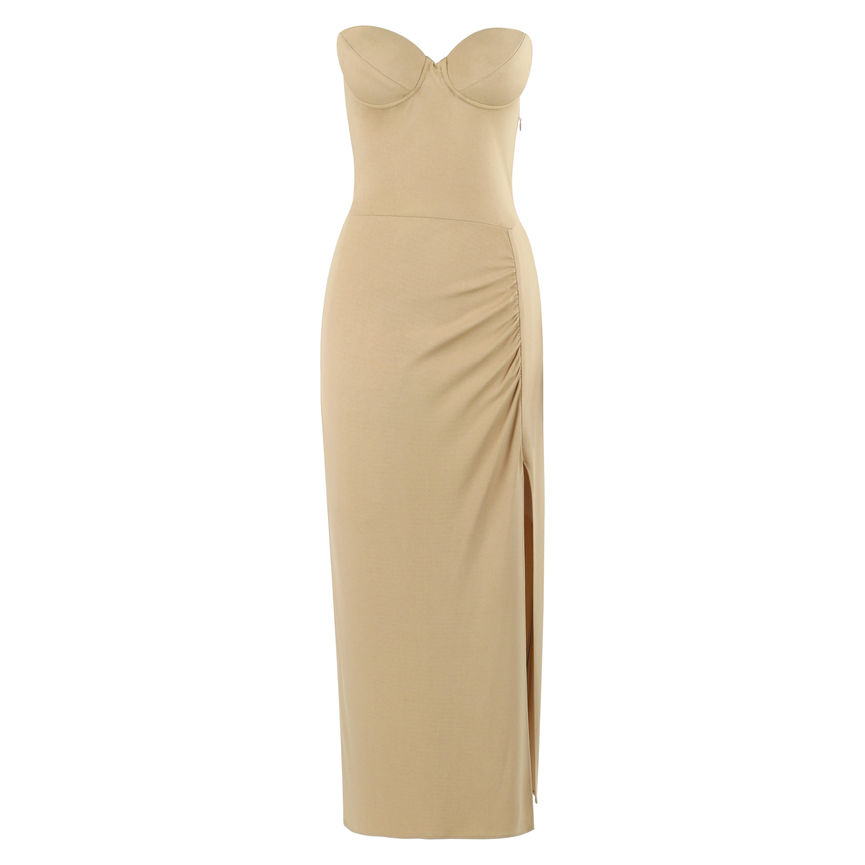 NORMA KAMALI c.1980
s Tan Nude Strapless Bustier High Slit Maxi Evening Dress
