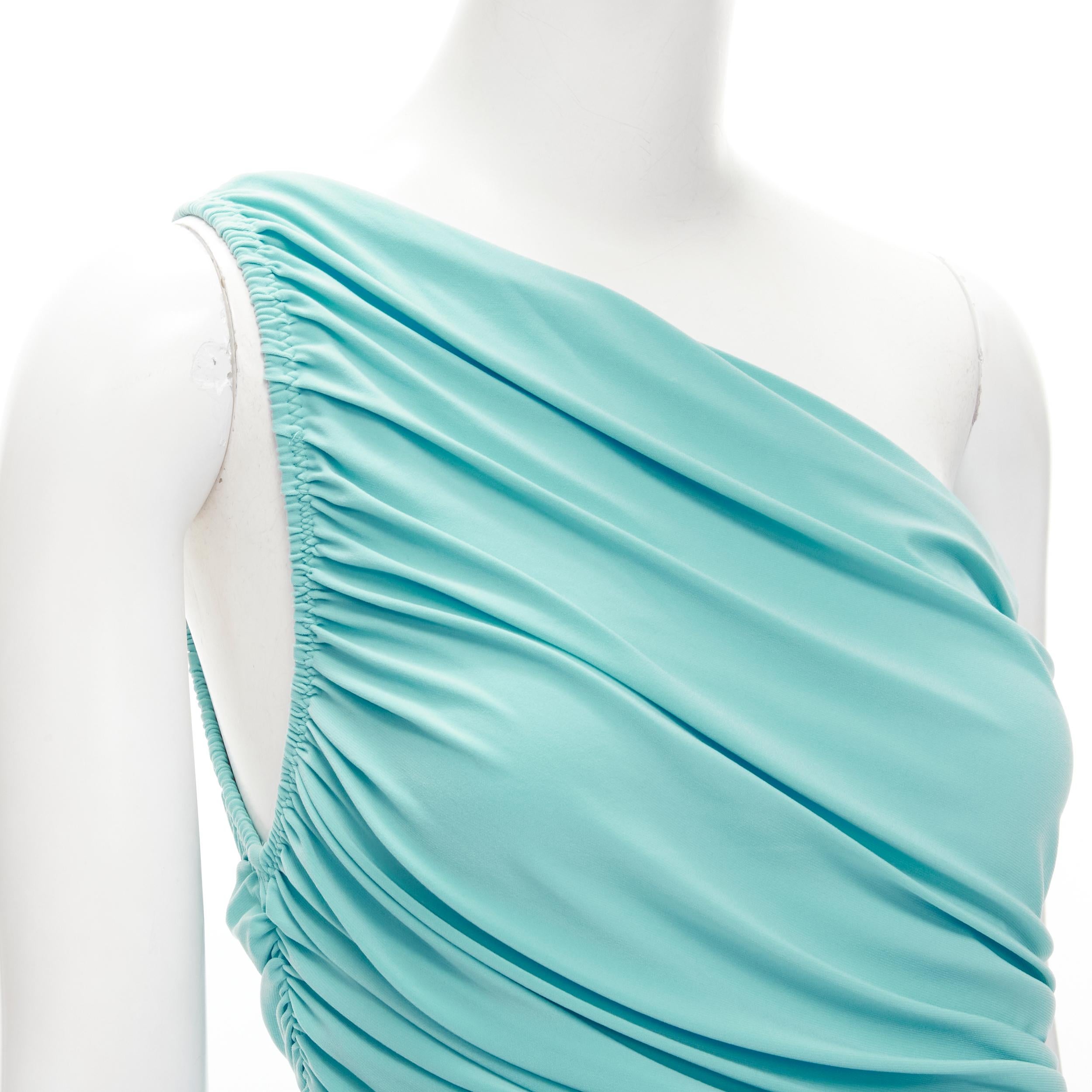 NORMA KAMALI Diana sky blue one shoulder ruched jersey bodycon dress XS 
Reference: LNKO/A02023 
Brand: Normal Kamali 
Material: Jersey 
Color: Blue 
Pattern: Solid 
Closure: Stretch 
Made in: China 

CONDITION: 
Condition: Excellent, this item was