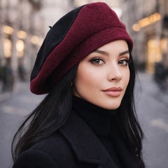 Norma Kamali for Stetson Beret Two Tone Burgundy Black Wool Vintage 80s HTF OS