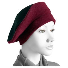 Norma Kamali für Stetson Beret Zweifarbige Burgunderrote Schwarze Wolle Vintage 80er HTF OS