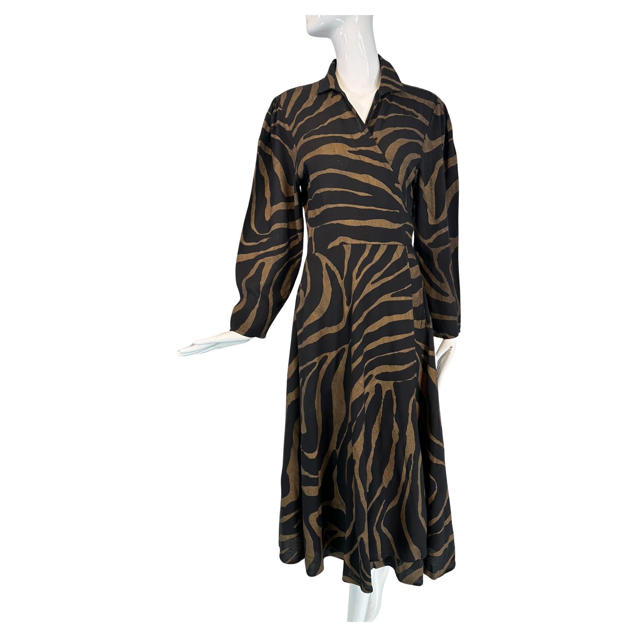 Norma Kamali gold & Black Zebra Print Cotton Wrap Dress 1985 Medium For Sale