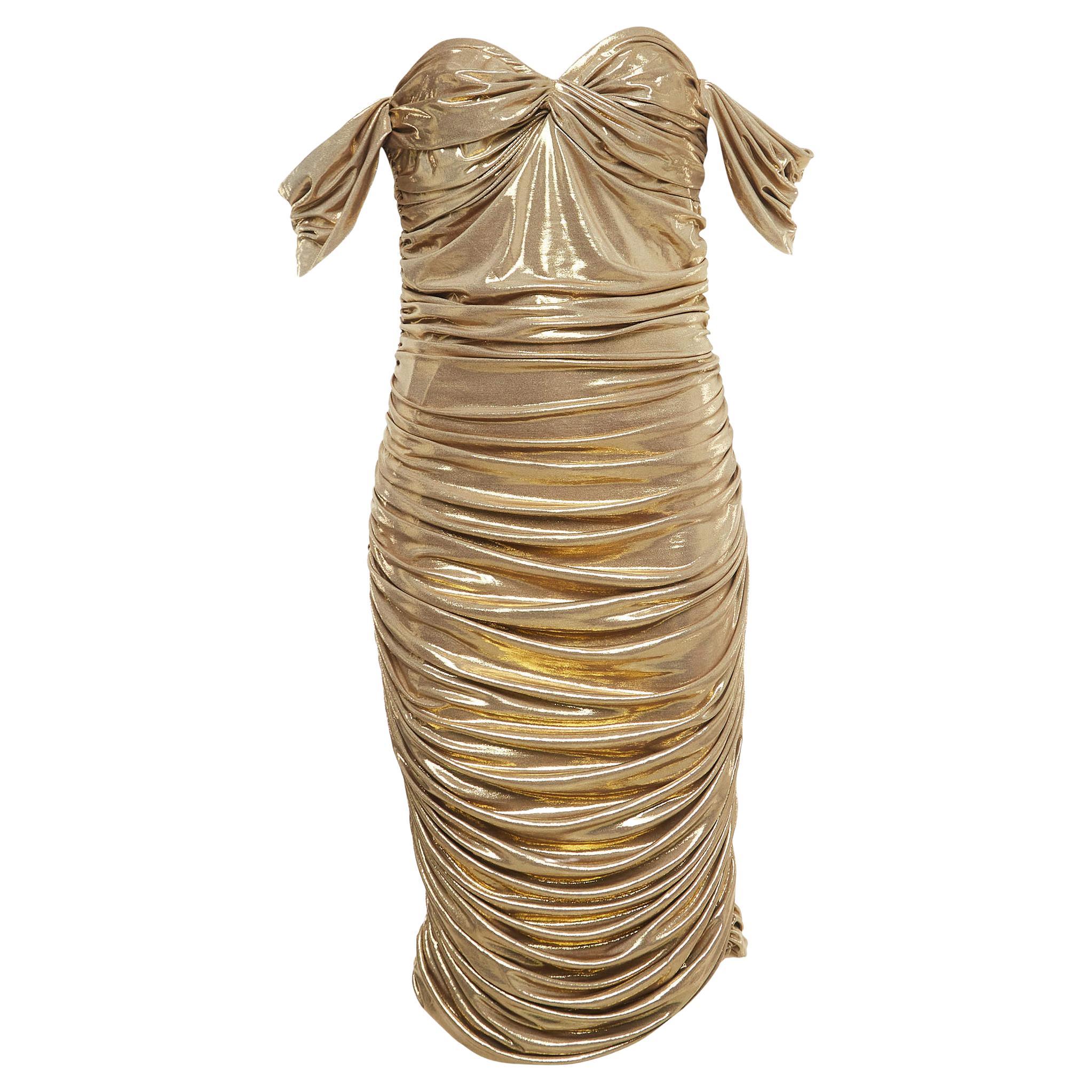 Norma Kamali Gold Gathered Jersey Winglet Sleeve Walter Dress L For Sale