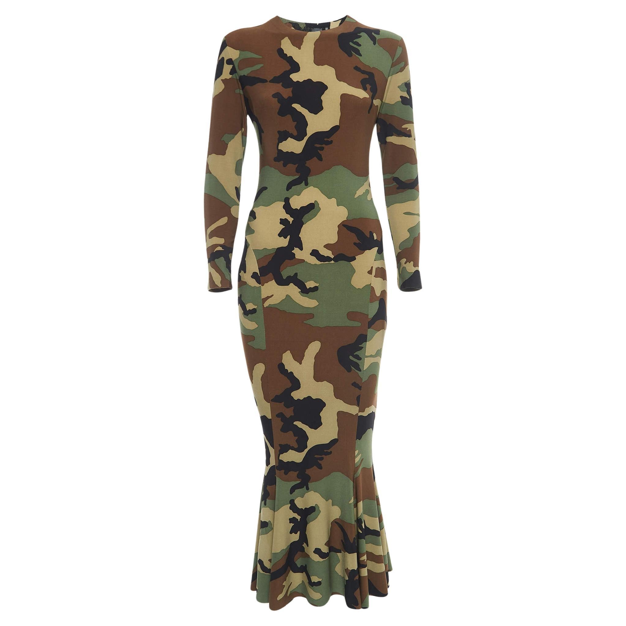 Norma Kamali Green Camouflage Jersey Fishtail Midi Dress S For Sale