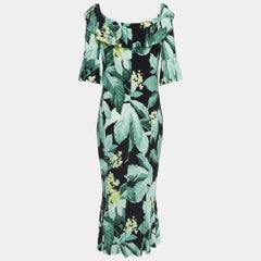 Norma Kamali Green leaf Printed Jersey off-shoulder Fishtail Dress L