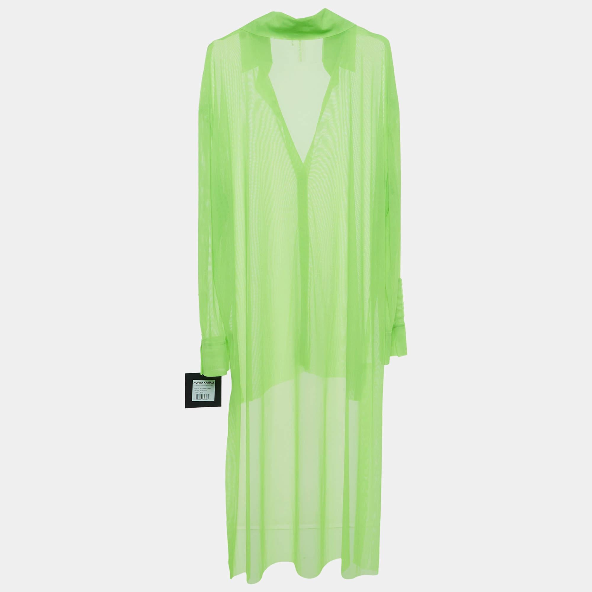 Norma Kamali's green shirt has a sheer net design, long sleeves, and a high-low hemline. Pair it with a dress underneath or a top and jeans.