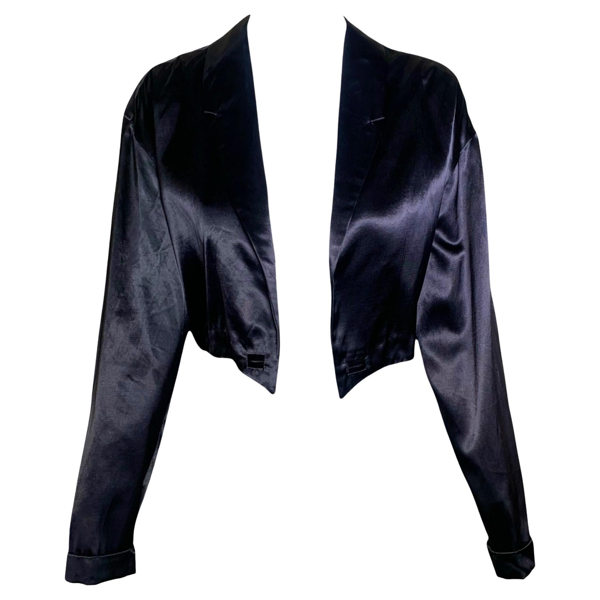 Norma Kamali Inky Indigo Schwarz Satin Smoking Frack Jacke, 1980s im Angebot