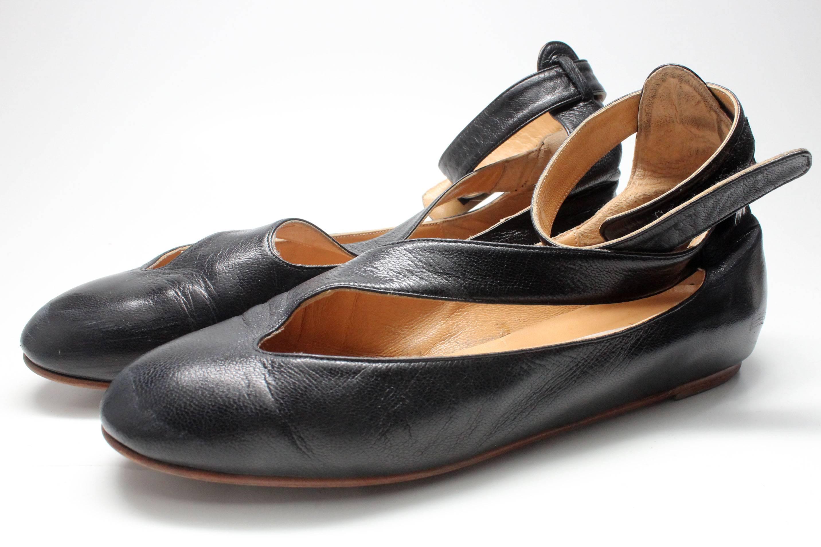 Norma Kamali Leather Ballet Flat with Ankle Strap In Excellent Condition In New York, NY