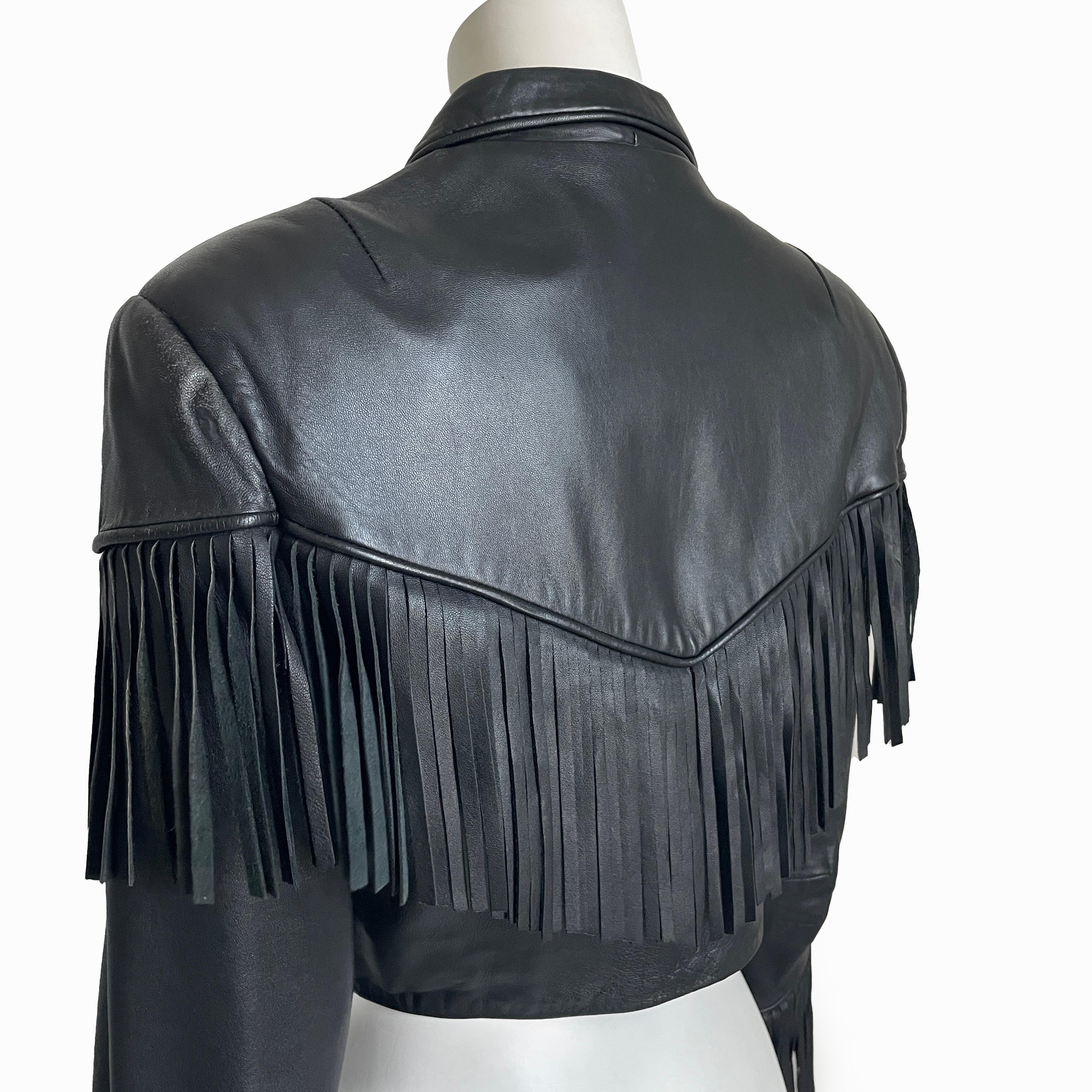 Norma Kamali - Veste en cuir noire à franges courtes vintage des années 1990 - Rare rocker Chic en vente 5