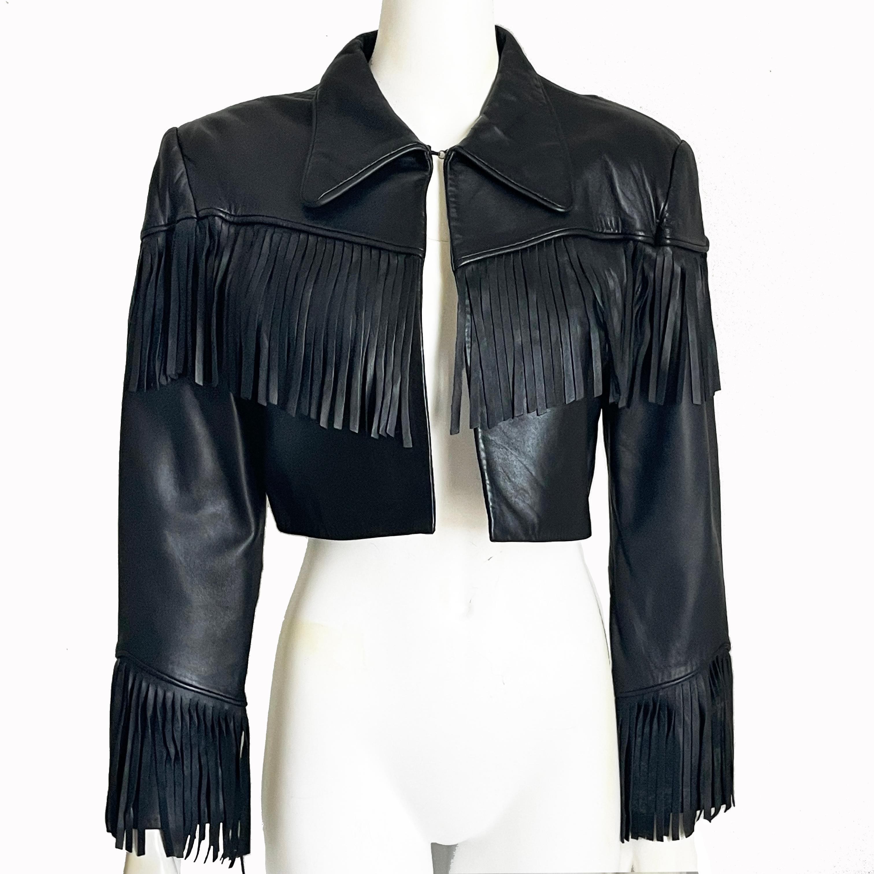 Women's Norma Kamali Leather Jacket Black Cropped Fringe Vintage 1990s Rare Rocker Chic