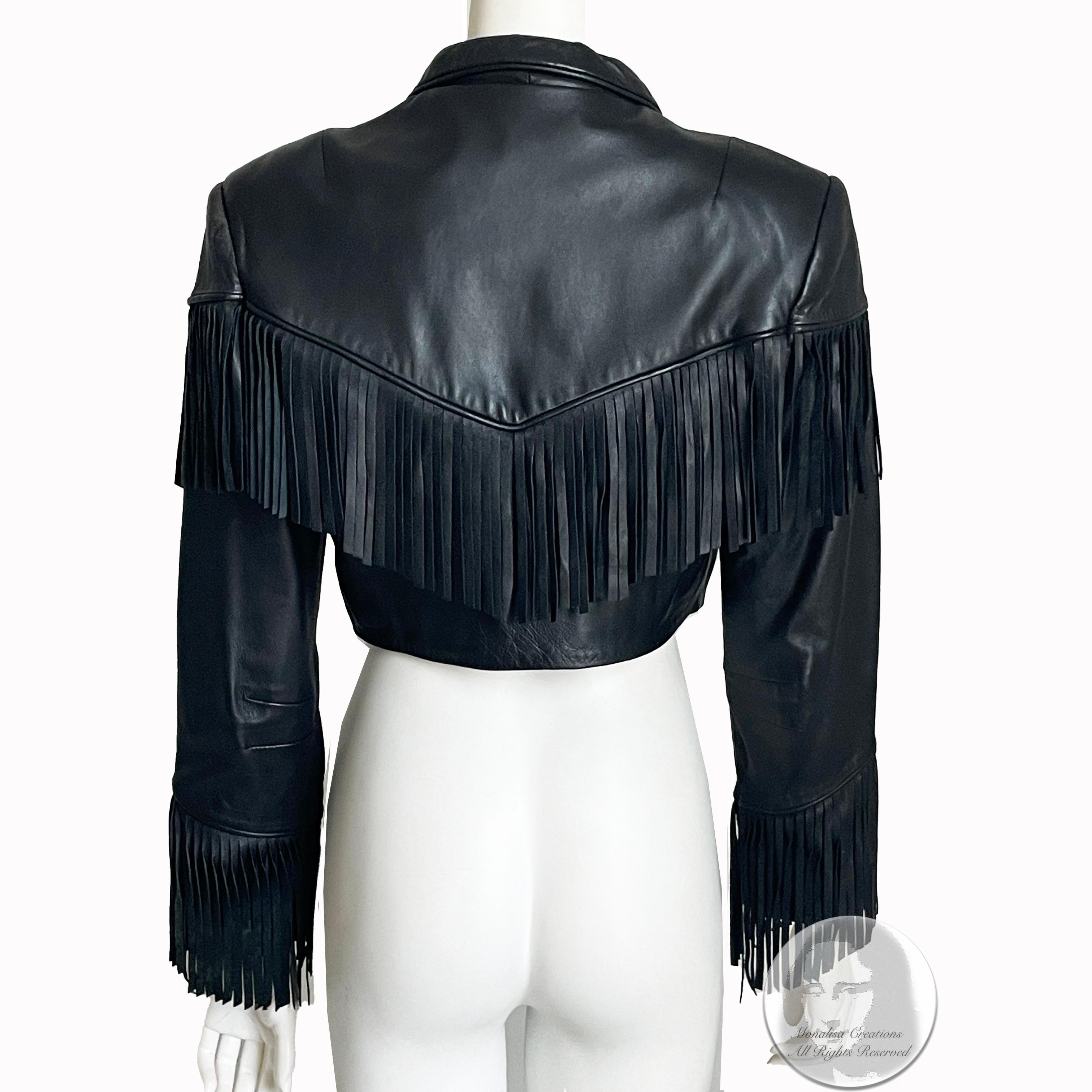 Norma Kamali - Veste en cuir noire à franges courtes vintage des années 1990 - Rare rocker Chic en vente 3