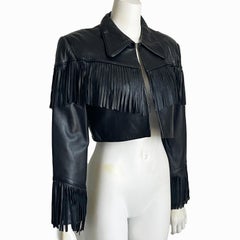 Norma Kamali Leather Jacket Black Cropped Fringe Vintage 1990s Rare Rocker Chic