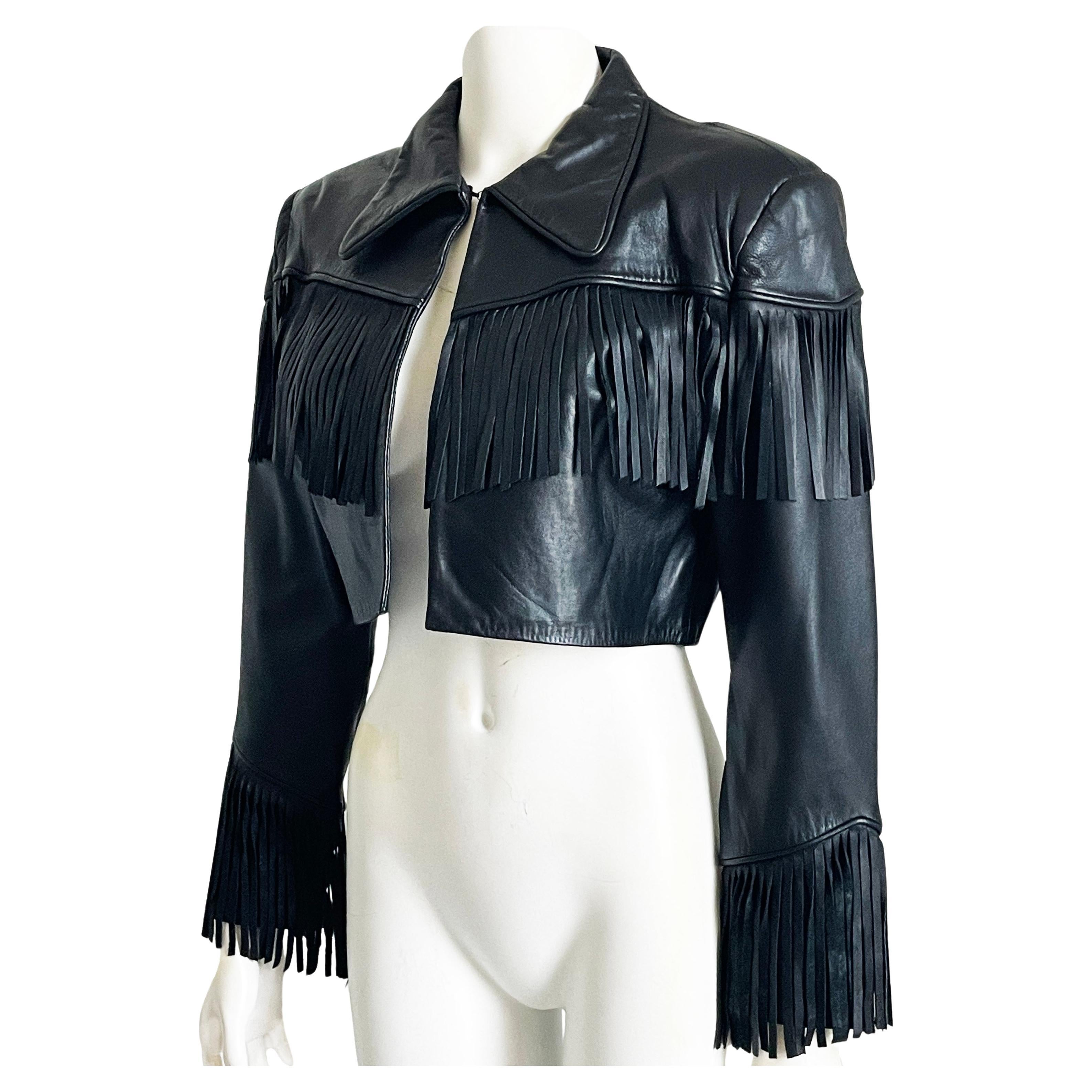 Norma Kamali Leather Jacket Black Cropped Fringe Vintage 1990s Rare Rocker Chic For Sale