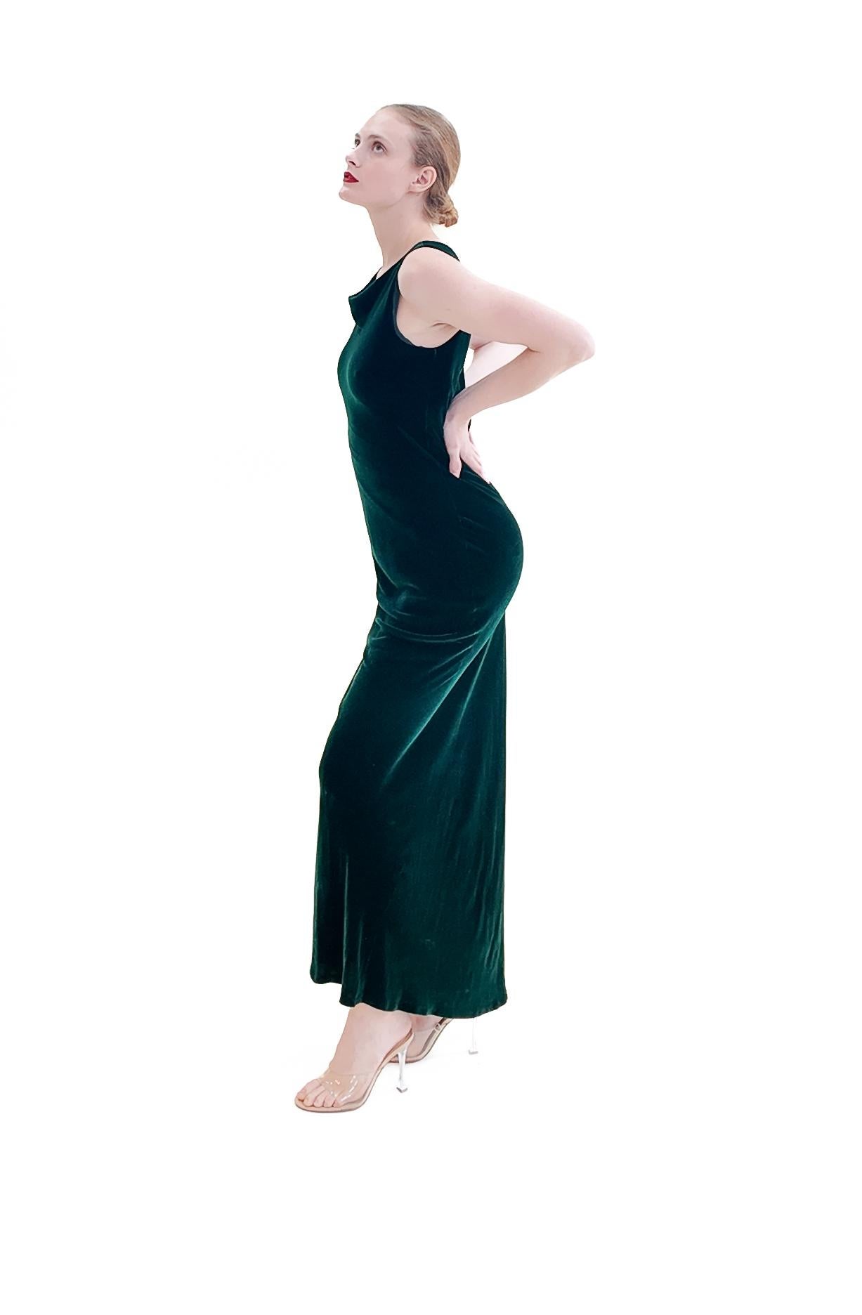 Norma Kamali Long Green Velvet Bias Cut Dress In Excellent Condition In Los Angeles, CA