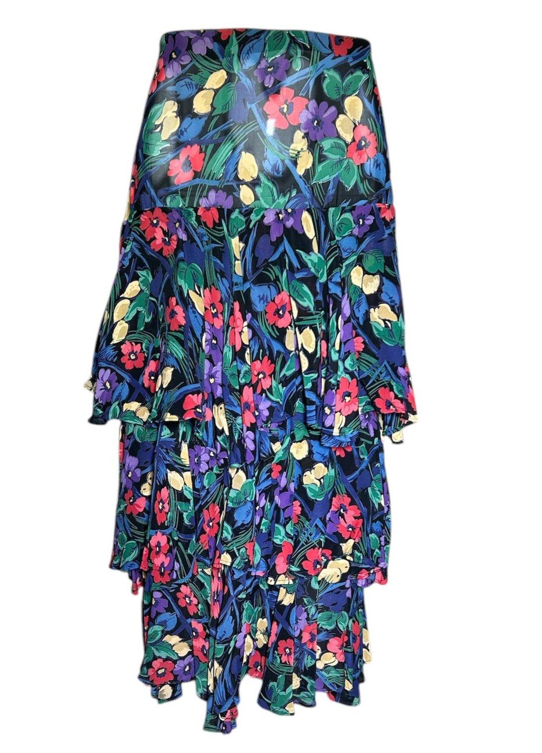 Violet Ensemble 2 pièces en rayonne à fleurs multicolores Norma Kamali, fin des années 1980 en vente