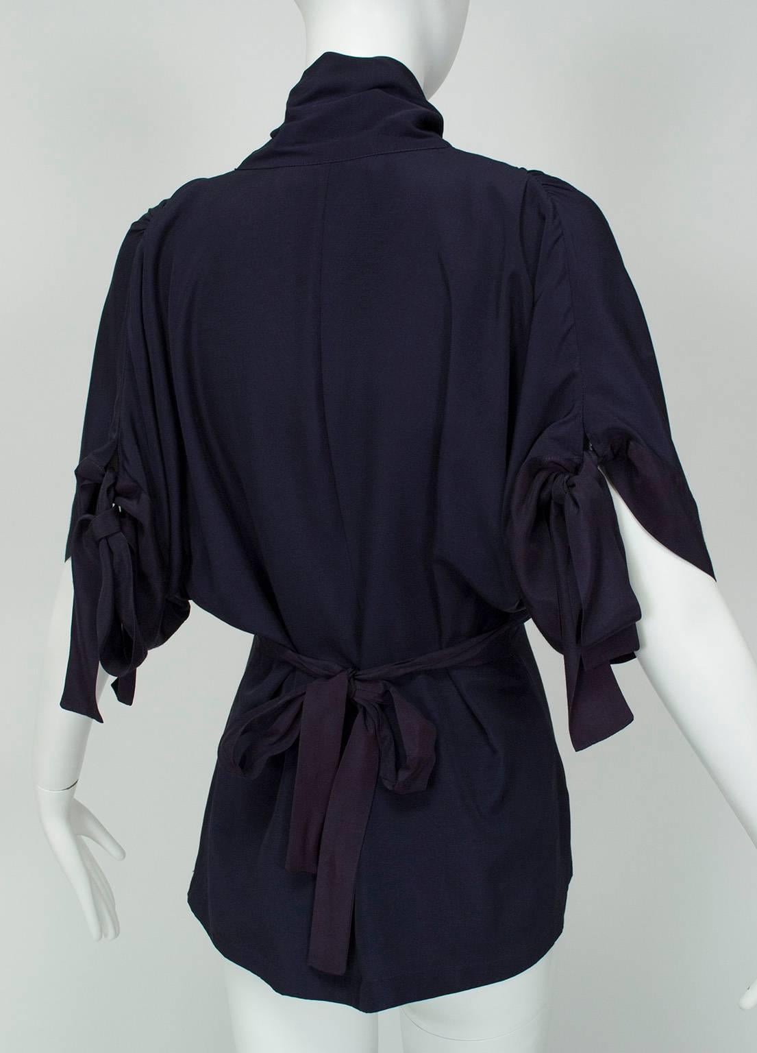 Black Norma Kamali Navy Peplum Blouse with Keyhole Pussy Bow, 1980s