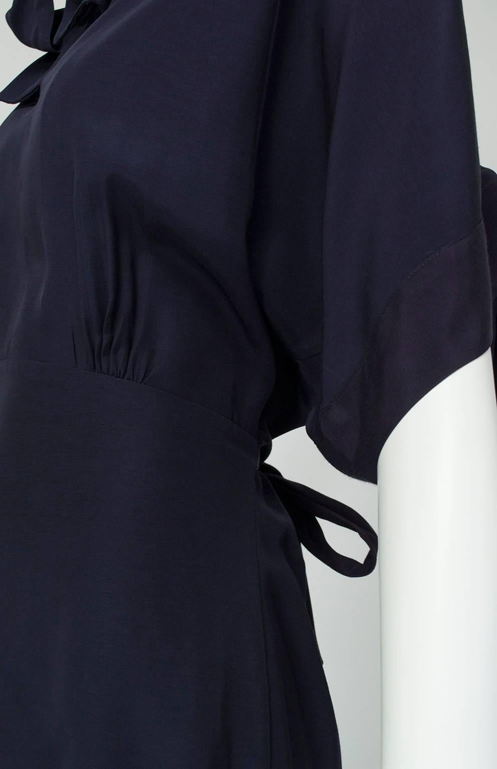 Women's Norma Kamali Navy Peplum Blouse with Keyhole Pussy Bow, 1980s