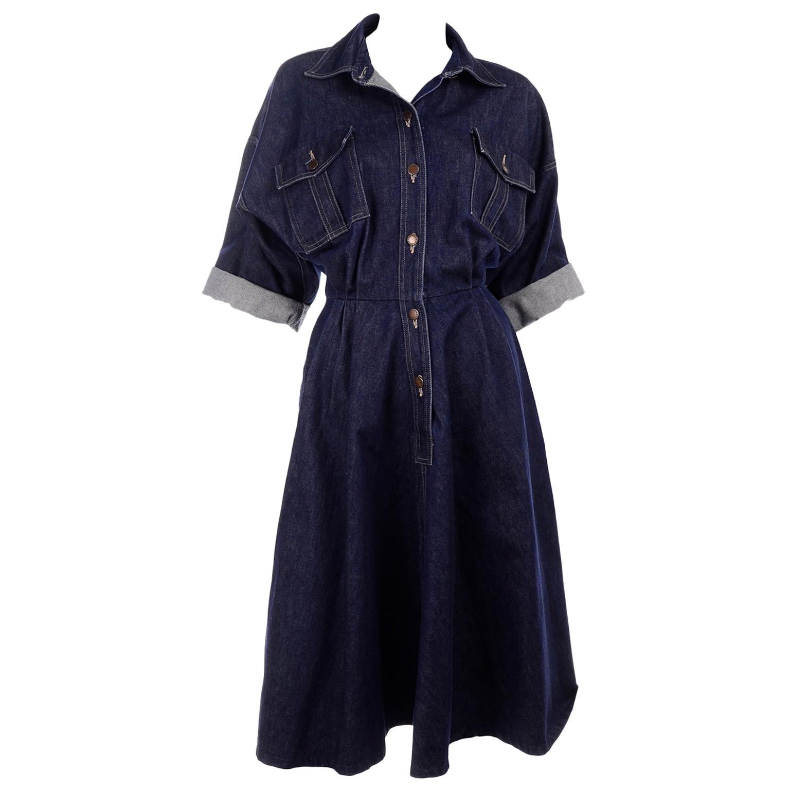 Norma Kamali OMO 1980s Vintage Dark Blue Denim Dress