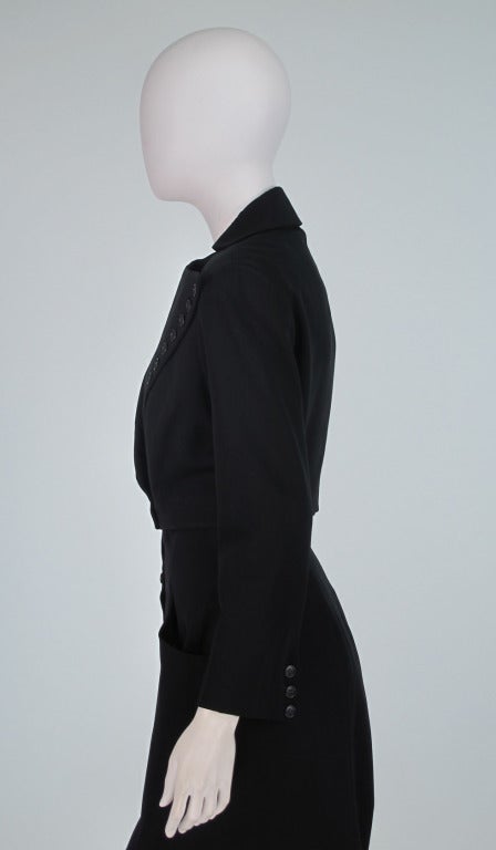 Norma Kamali OMO Black Gabardine Button Fitted Suit 1980s 1