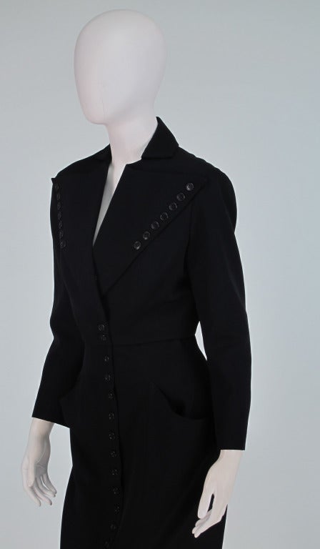 Norma Kamali OMO Black Gabardine Button Fitted Suit 1980s 2