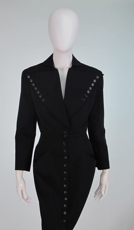 Norma Kamali OMO Black Gabardine Button Fitted Suit 1980s 3
