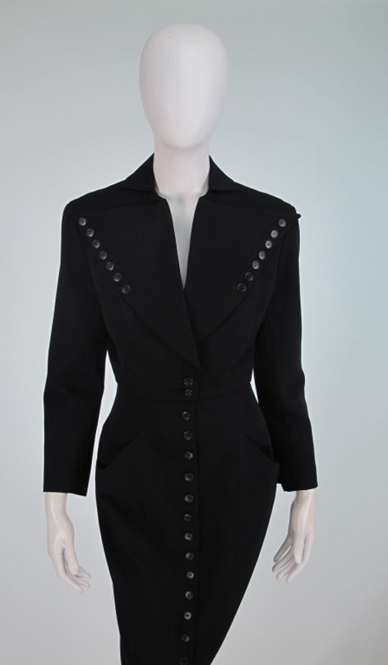 Norma Kamali OMO Black Gabardine Button Fitted Suit 1980s at 1stDibs
