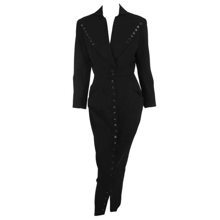 Norma Kamali OMO Black Gabardine Button Fitted Suit 1980s