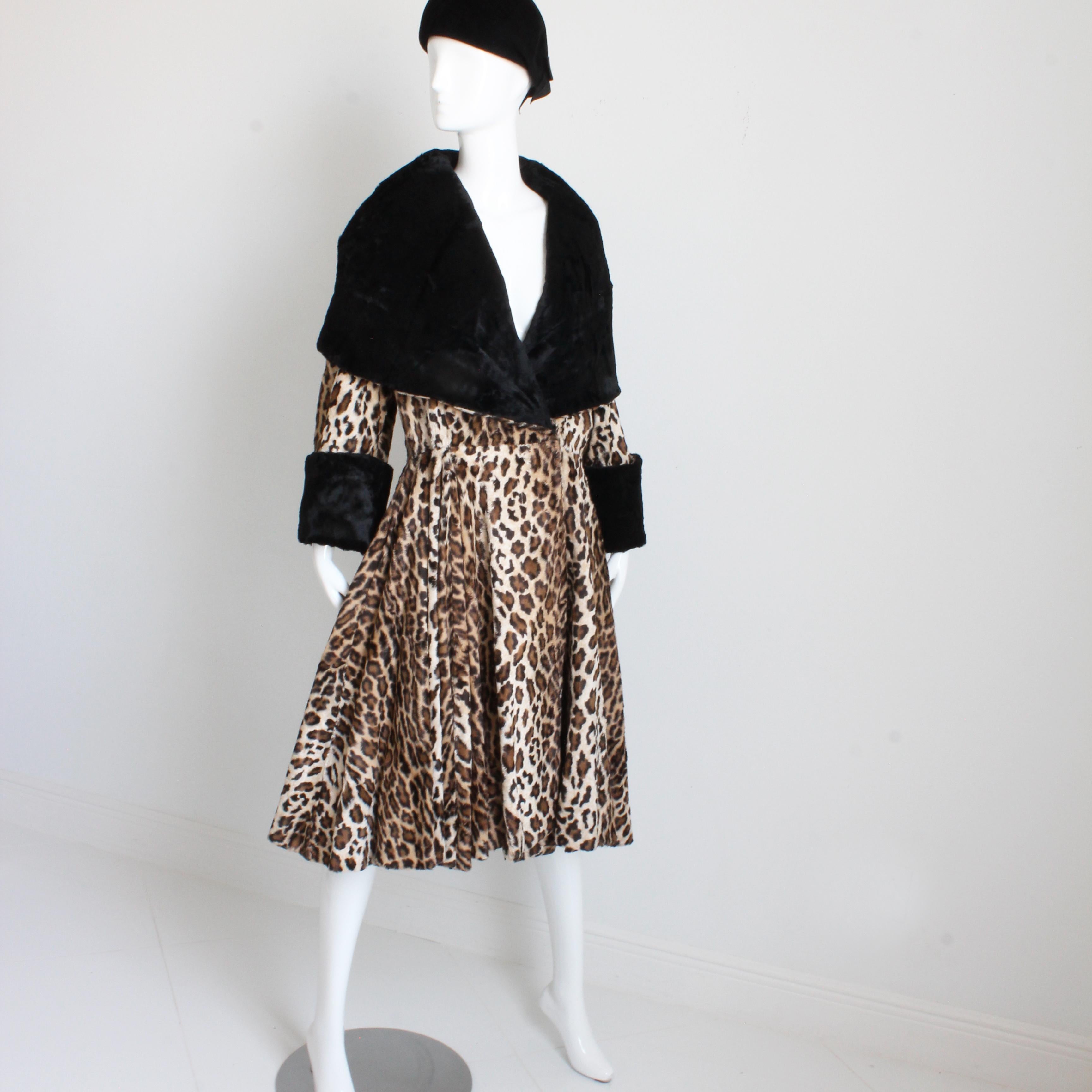 Black Norma Kamali OMO Coat Oversized Shawl Collar Faux Leopard Fur Vintage 80s Rare L For Sale
