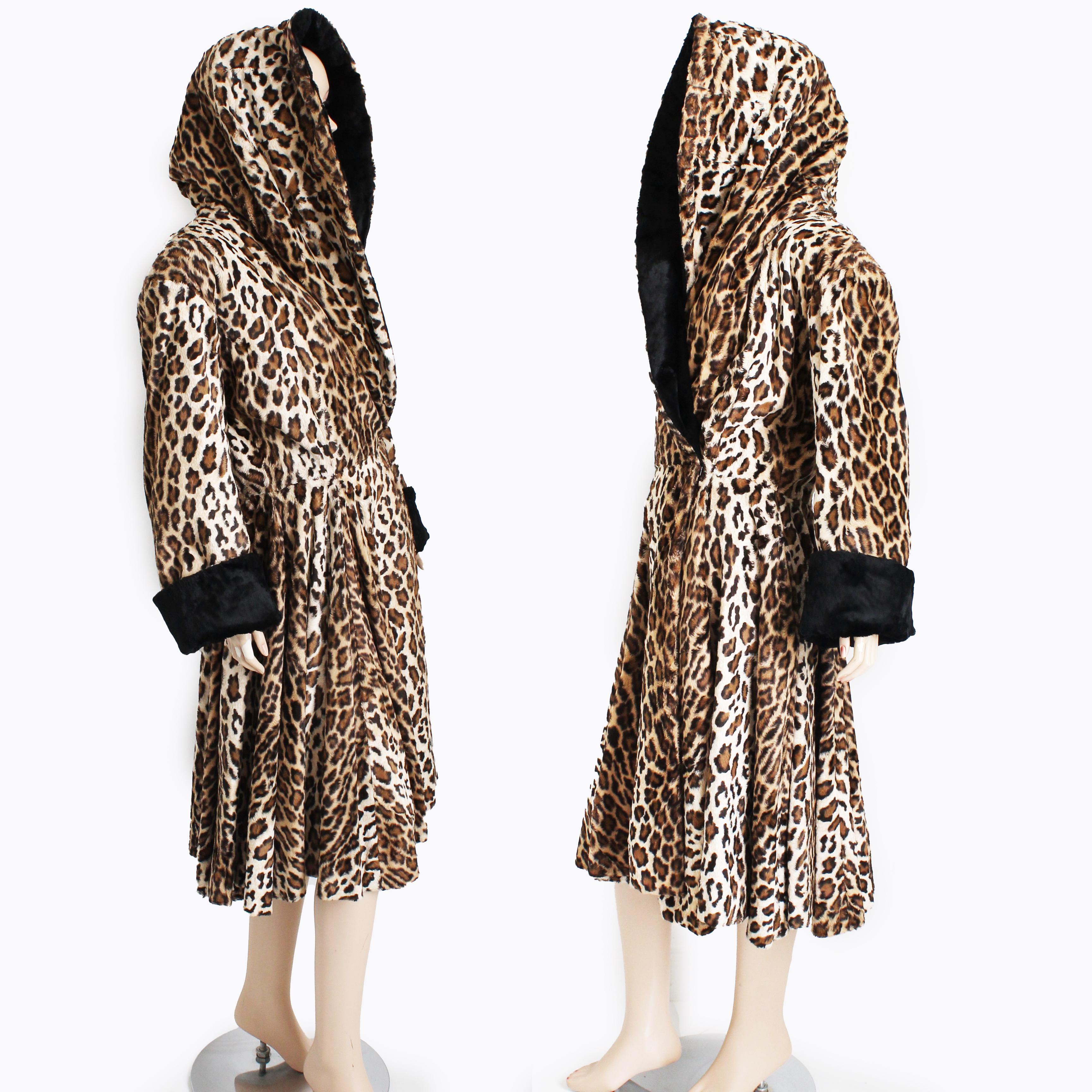 Women's Norma Kamali OMO Coat Oversized Shawl Collar Faux Leopard Fur Vintage 80s Rare L For Sale