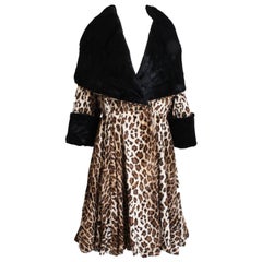 Norma Kamali OMO Coat Oversized Shawl Collar Faux Leopard Fur Vintage 80s Rare L