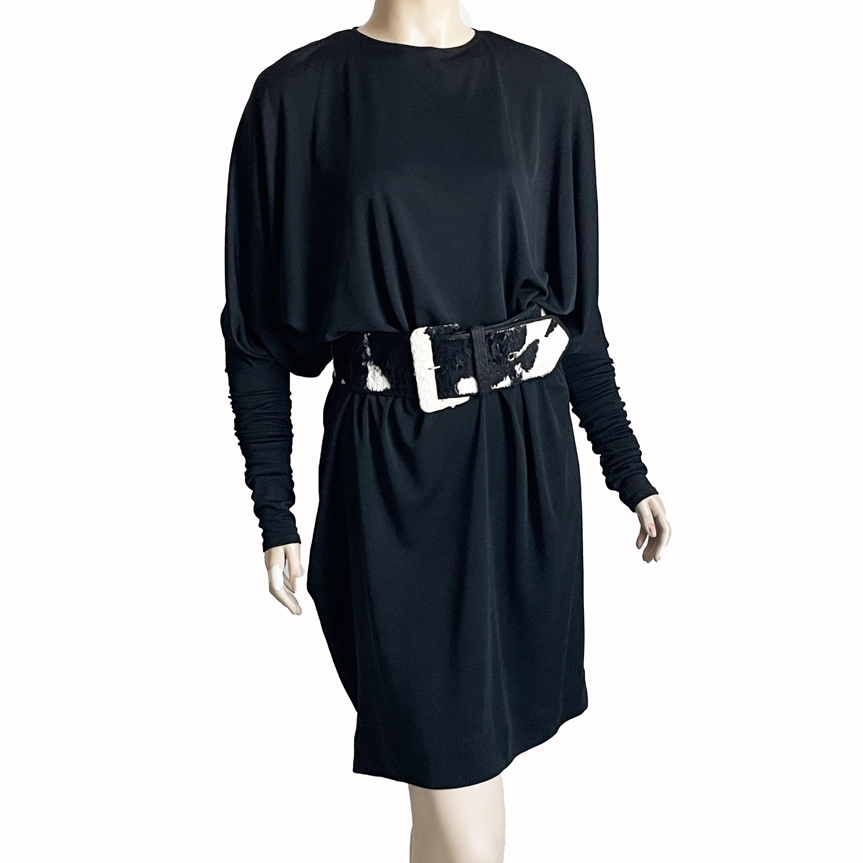 Norma Kamali OMO Dress Black Dolman Scrunchy Batwing Sleeve Vintage 80s Size M  For Sale 4