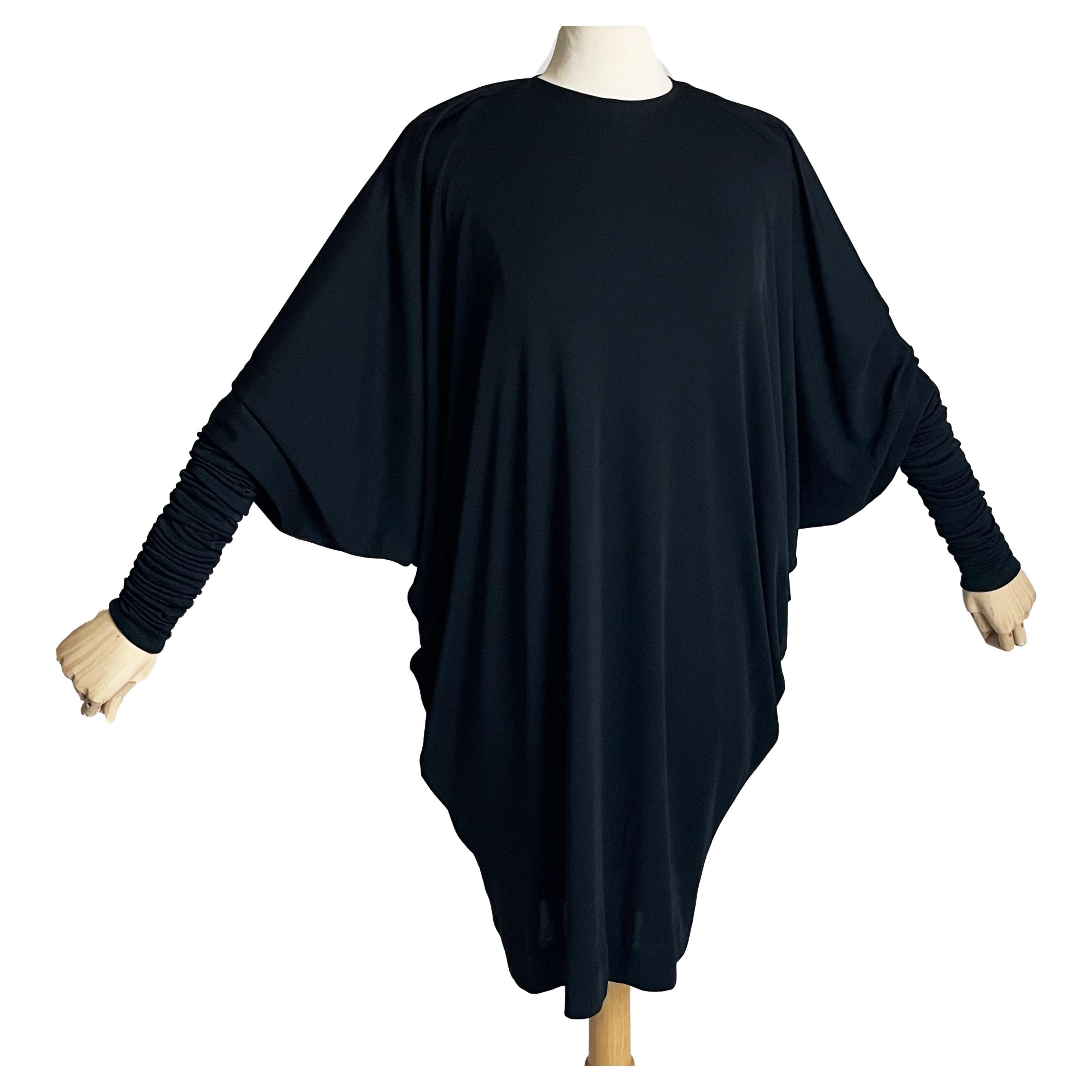 Norma Kamali OMO Dress Black Dolman Scrunchy Batwing Sleeve Vintage 80s Size M  For Sale